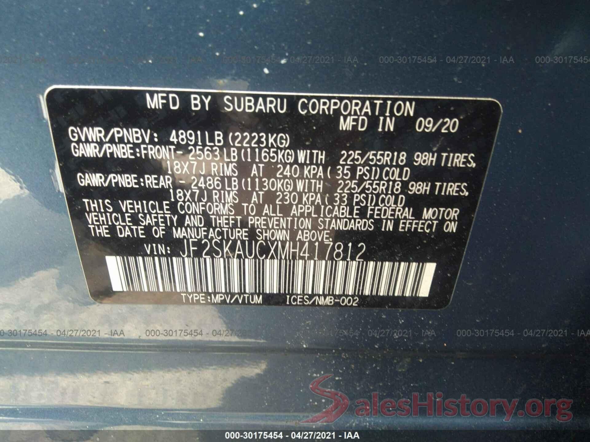 JF2SKAUCXMH417812 2021 SUBARU FORESTER