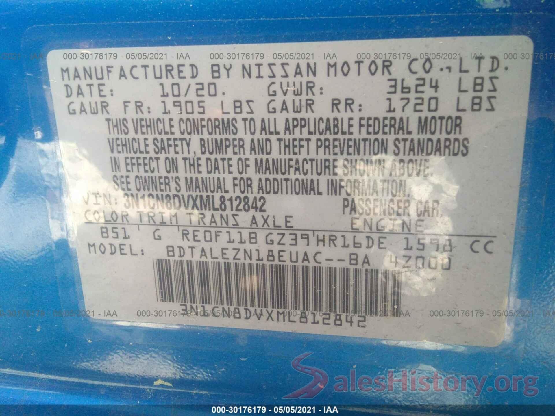 3N1CN8DVXML812842 2021 NISSAN VERSA