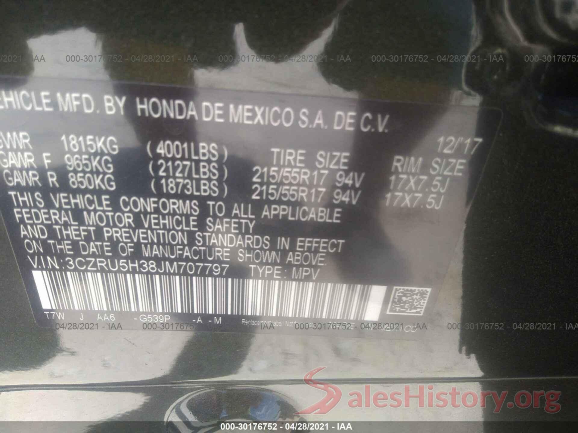 3CZRU5H38JM707797 2018 HONDA HR-V