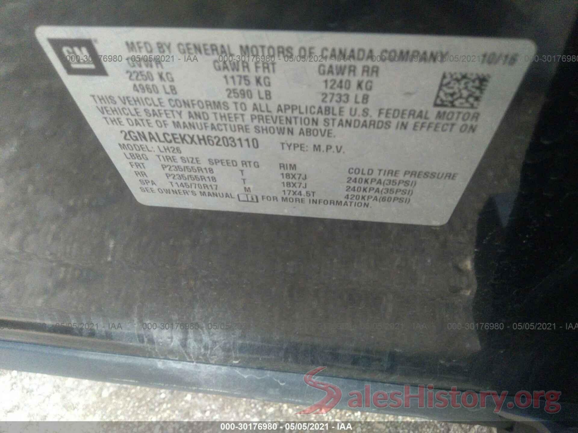 2GNALCEKXH6203110 2017 CHEVROLET EQUINOX