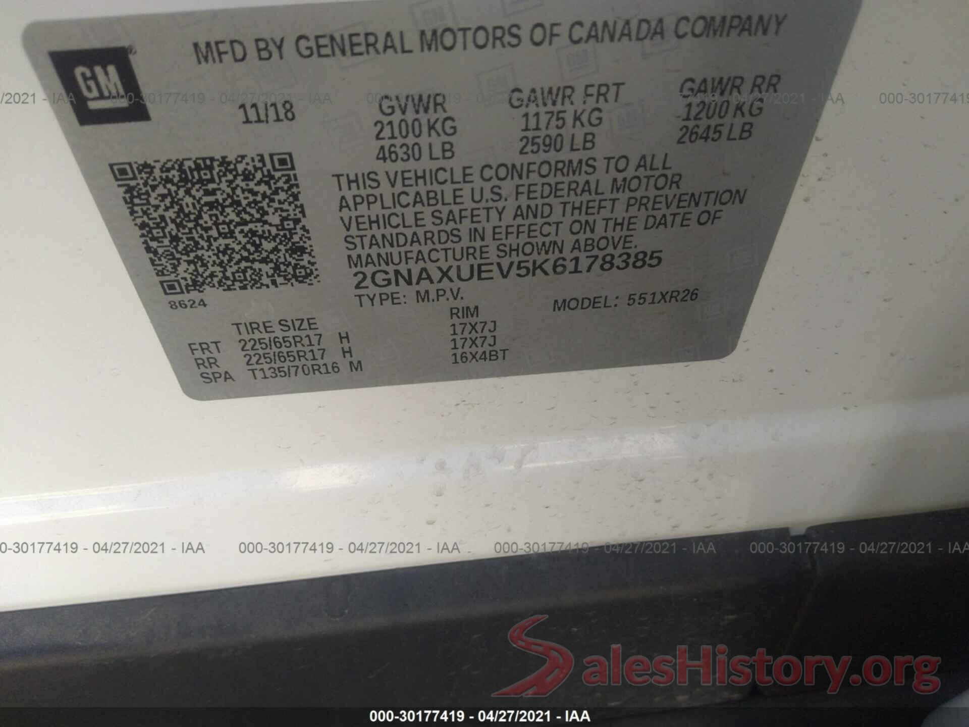 2GNAXUEV5K6178385 2019 CHEVROLET EQUINOX