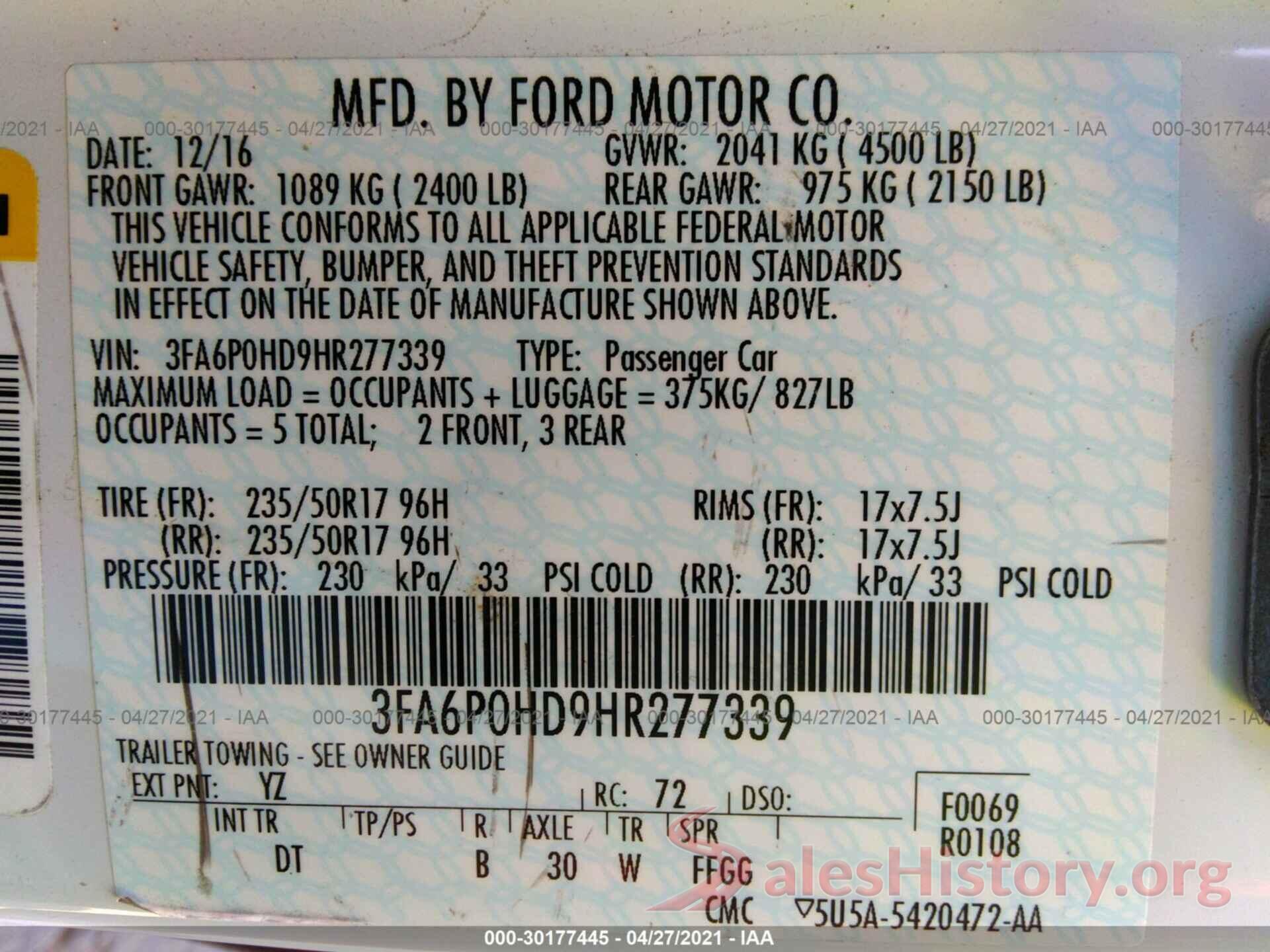 3FA6P0HD9HR277339 2017 FORD FUSION