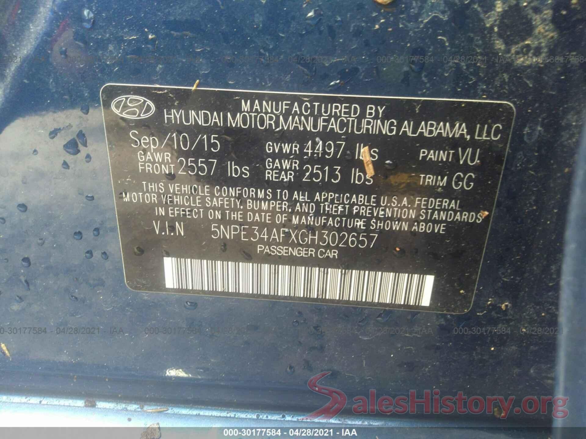 5NPE34AFXGH302657 2016 HYUNDAI SONATA