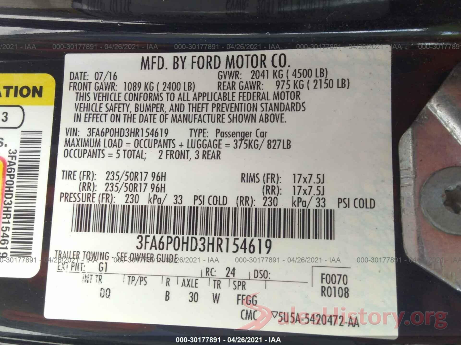 3FA6P0HD3HR154619 2017 FORD FUSION