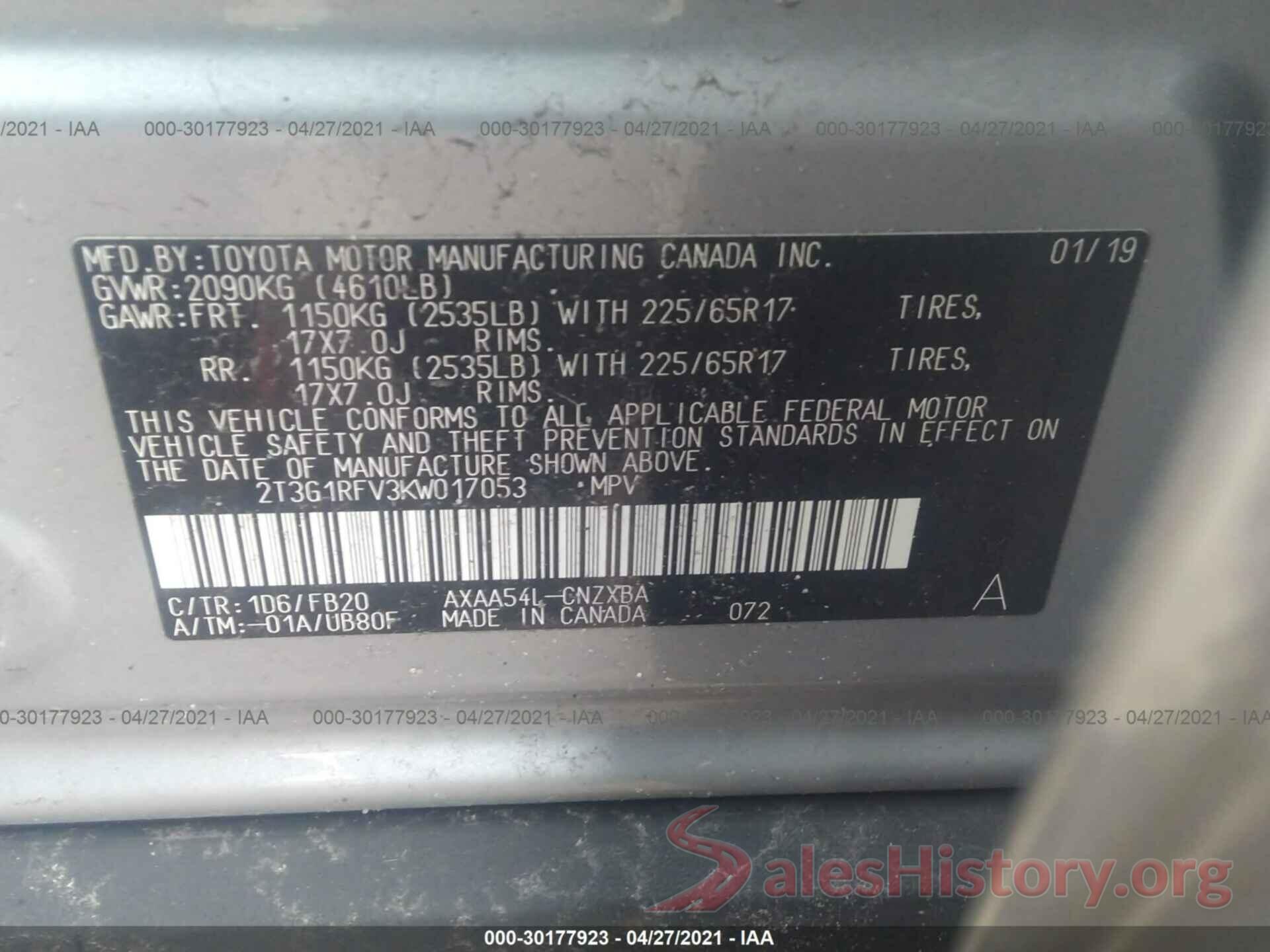 2T3G1RFV3KW017053 2019 TOYOTA RAV4