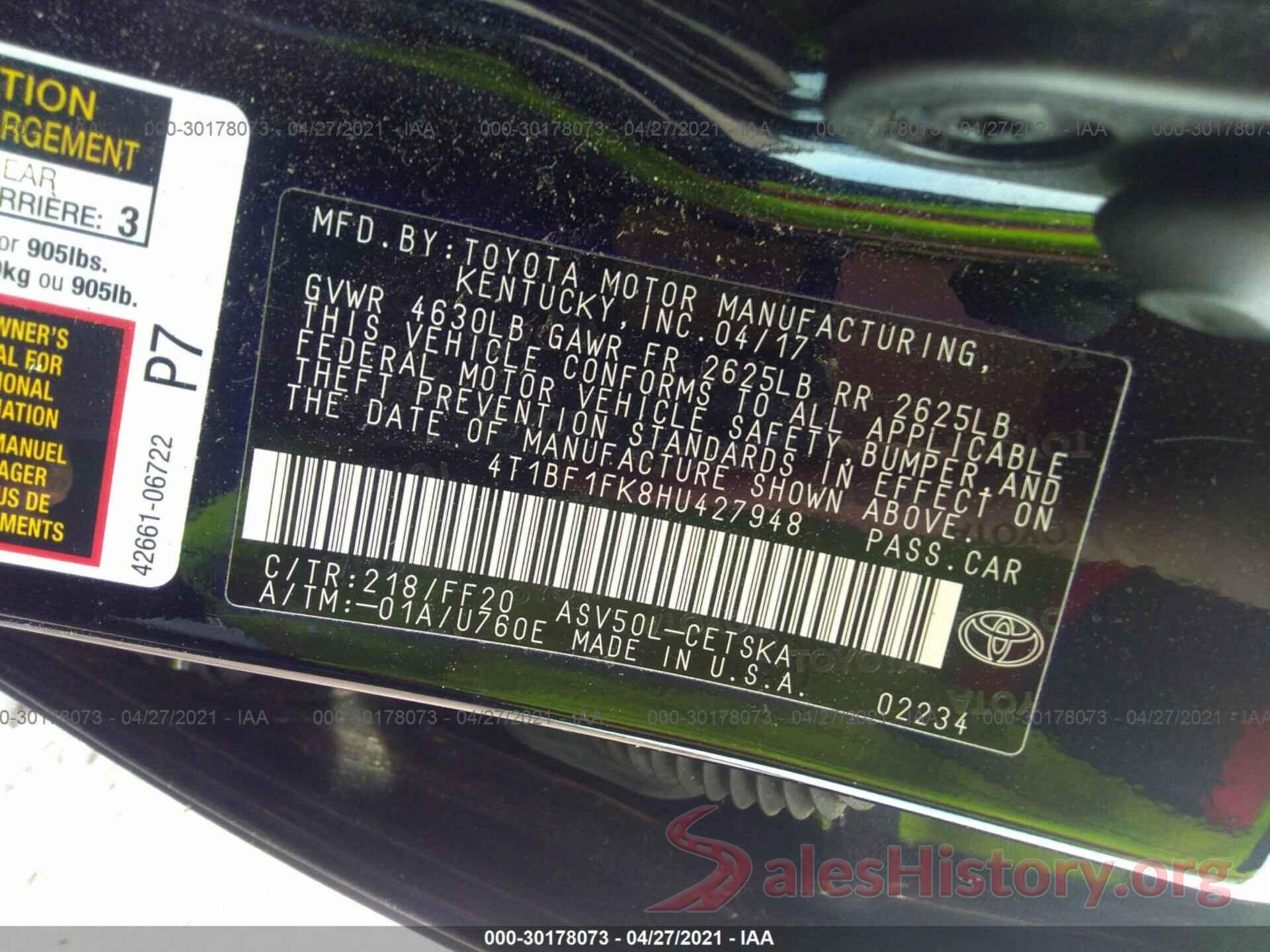 4T1BF1FK8HU427948 2017 TOYOTA CAMRY