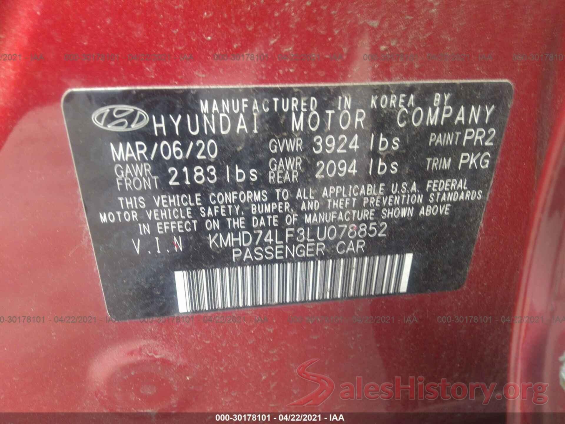 KMHD74LF3LU078852 2020 HYUNDAI ELANTRA