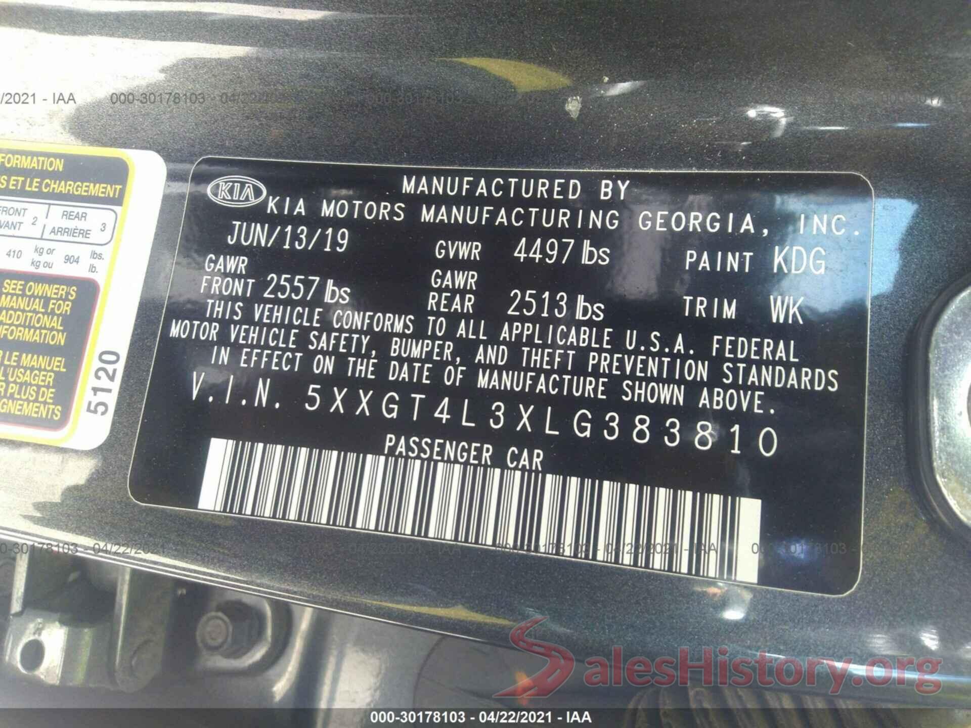 5XXGT4L3XLG383810 2020 KIA OPTIMA