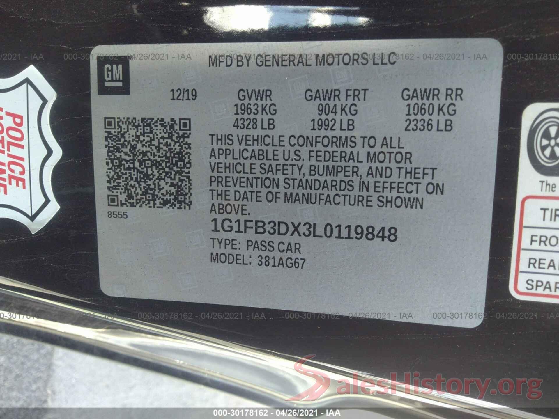 1G1FB3DX3L0119848 2020 CHEVROLET CAMARO