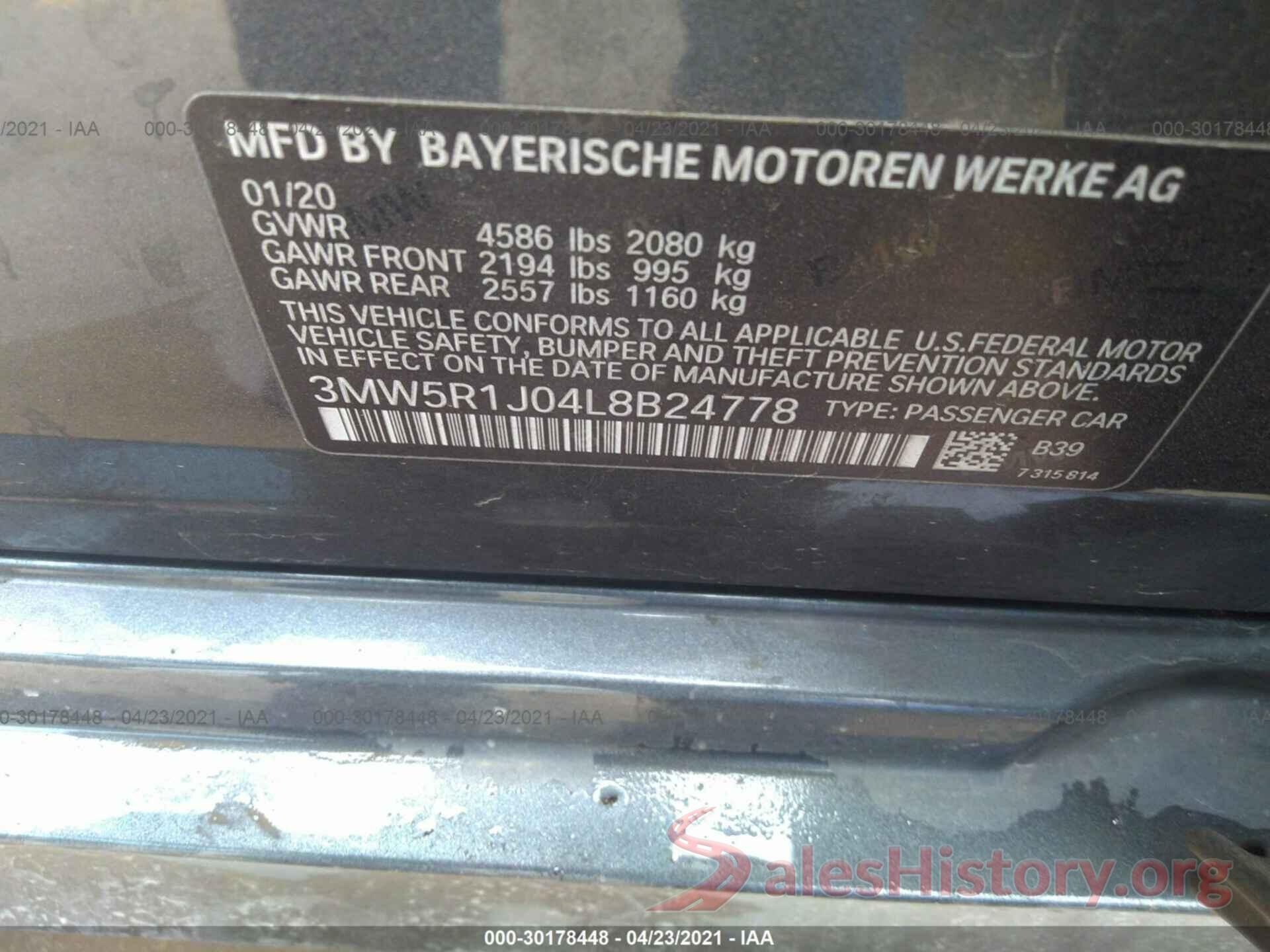 3MW5R1J04L8B24778 2020 BMW 3 SERIES