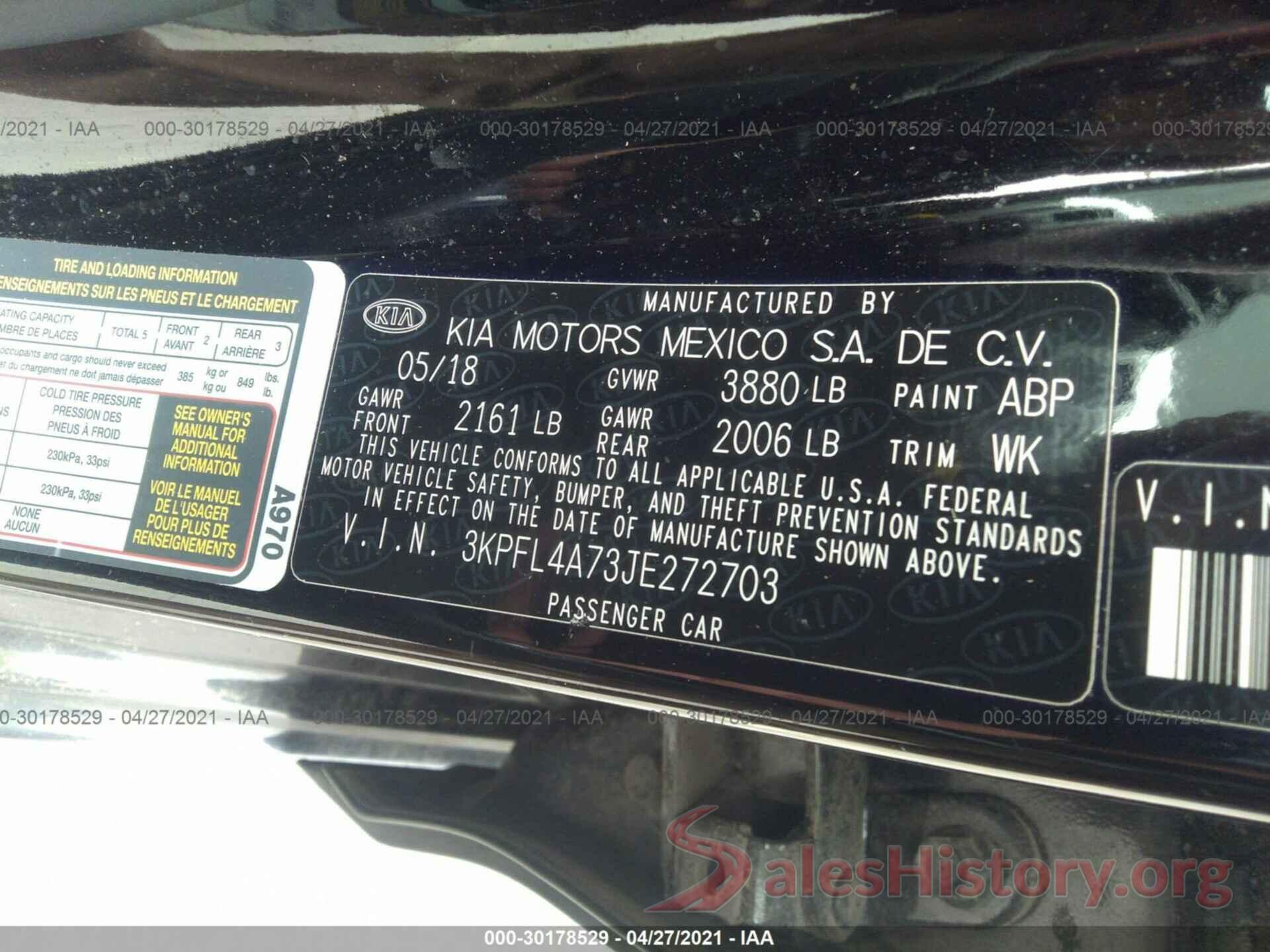 3KPFL4A73JE272703 2018 KIA FORTE