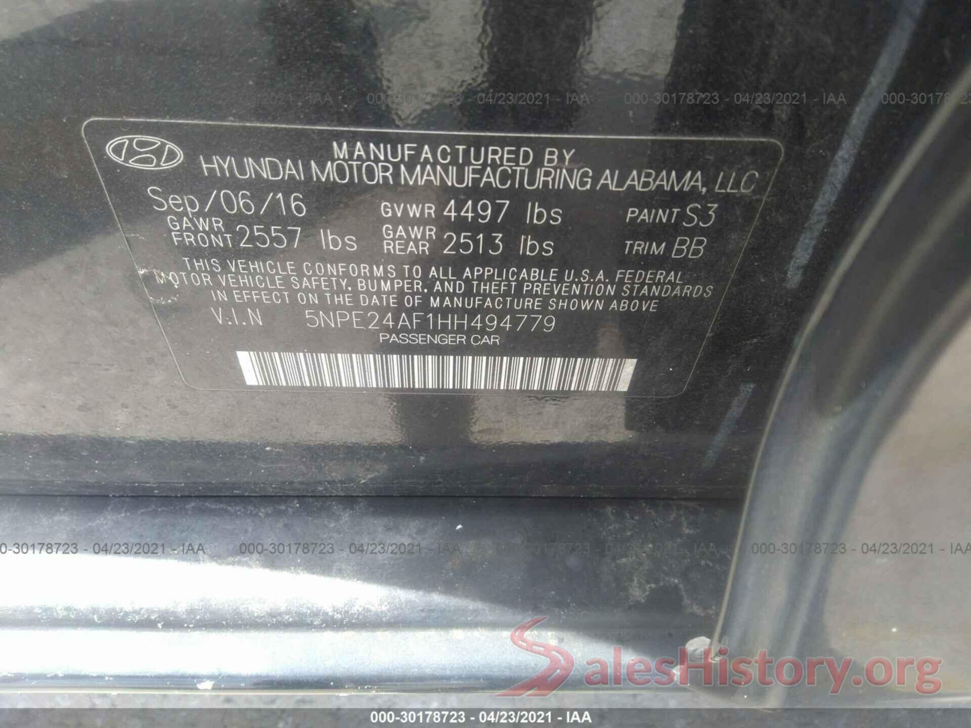 5NPE24AF1HH494779 2017 HYUNDAI SONATA