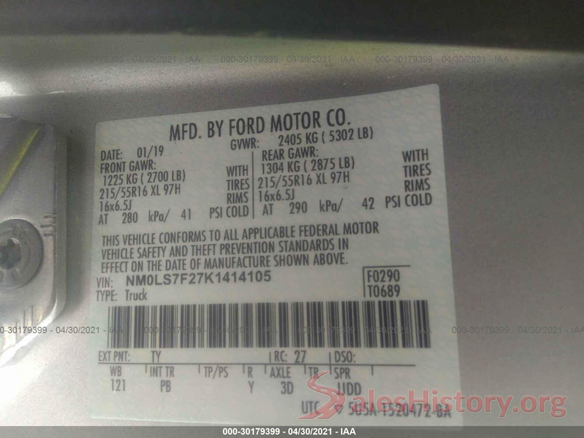 NM0LS7F27K1414105 2019 FORD TRANSIT CONNECT VAN