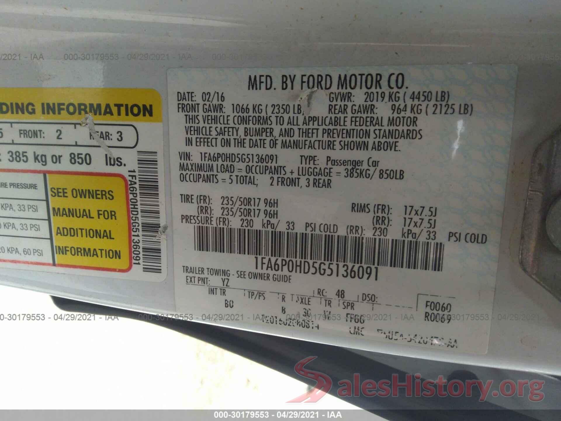 1FA6P0HD5G5136091 2016 FORD FUSION