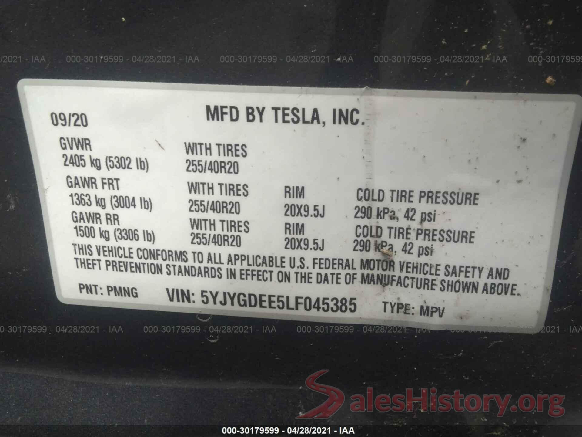 5YJYGDEE5LF045385 2020 TESLA MODEL Y