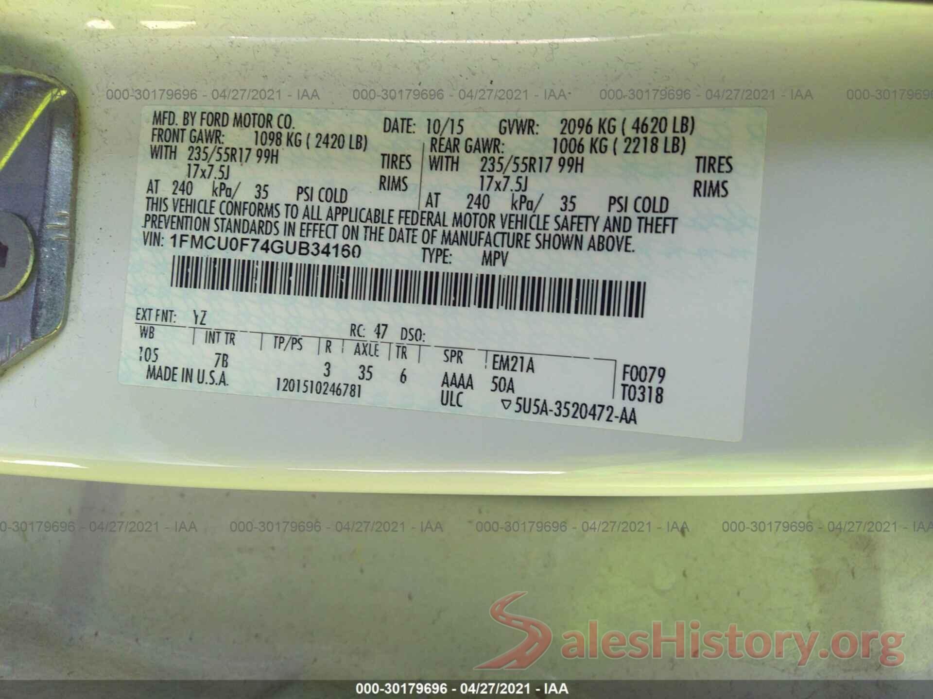 1FMCU0F74GUB34160 2016 FORD ESCAPE