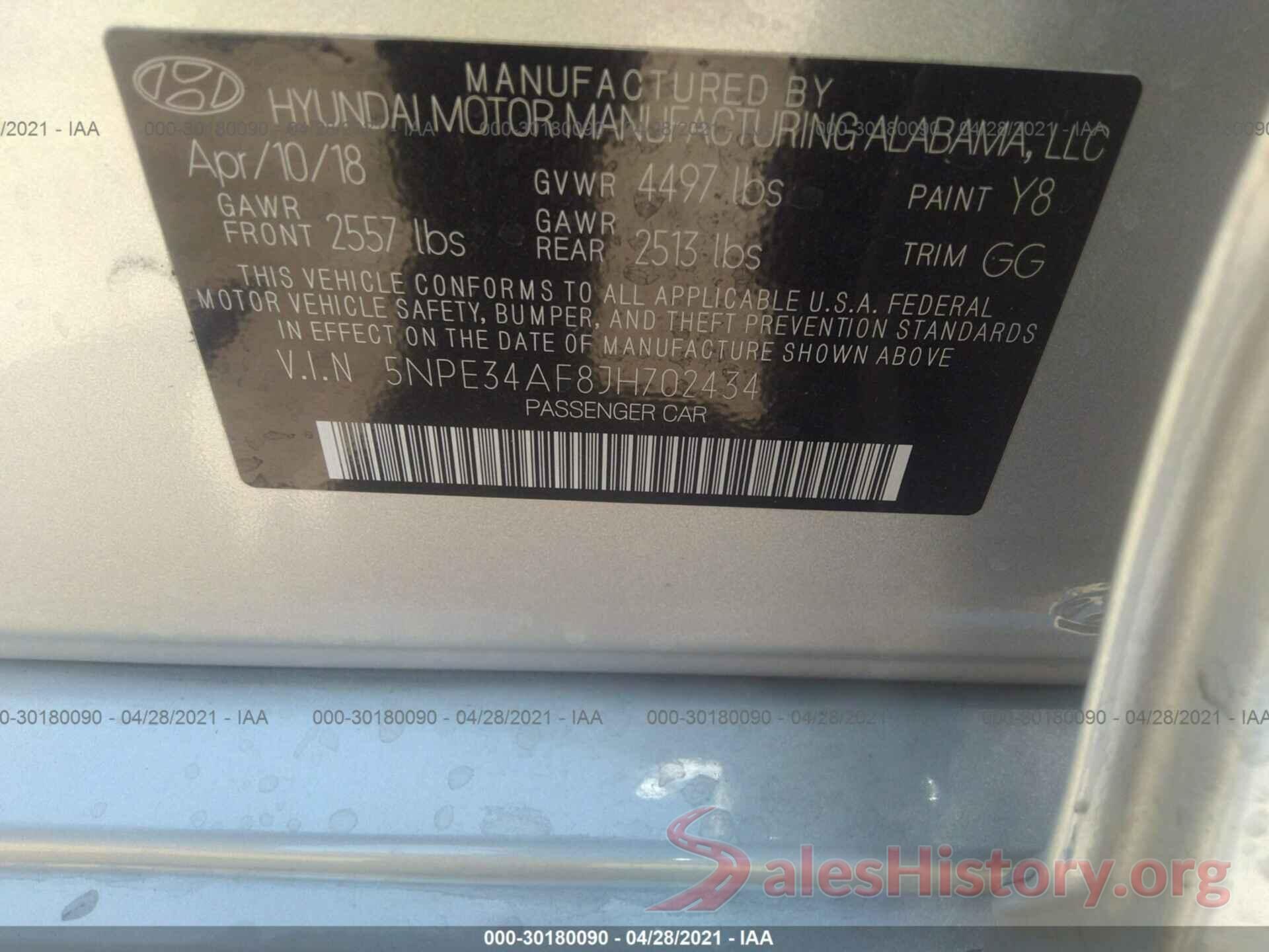 5NPE34AF8JH702434 2018 HYUNDAI SONATA