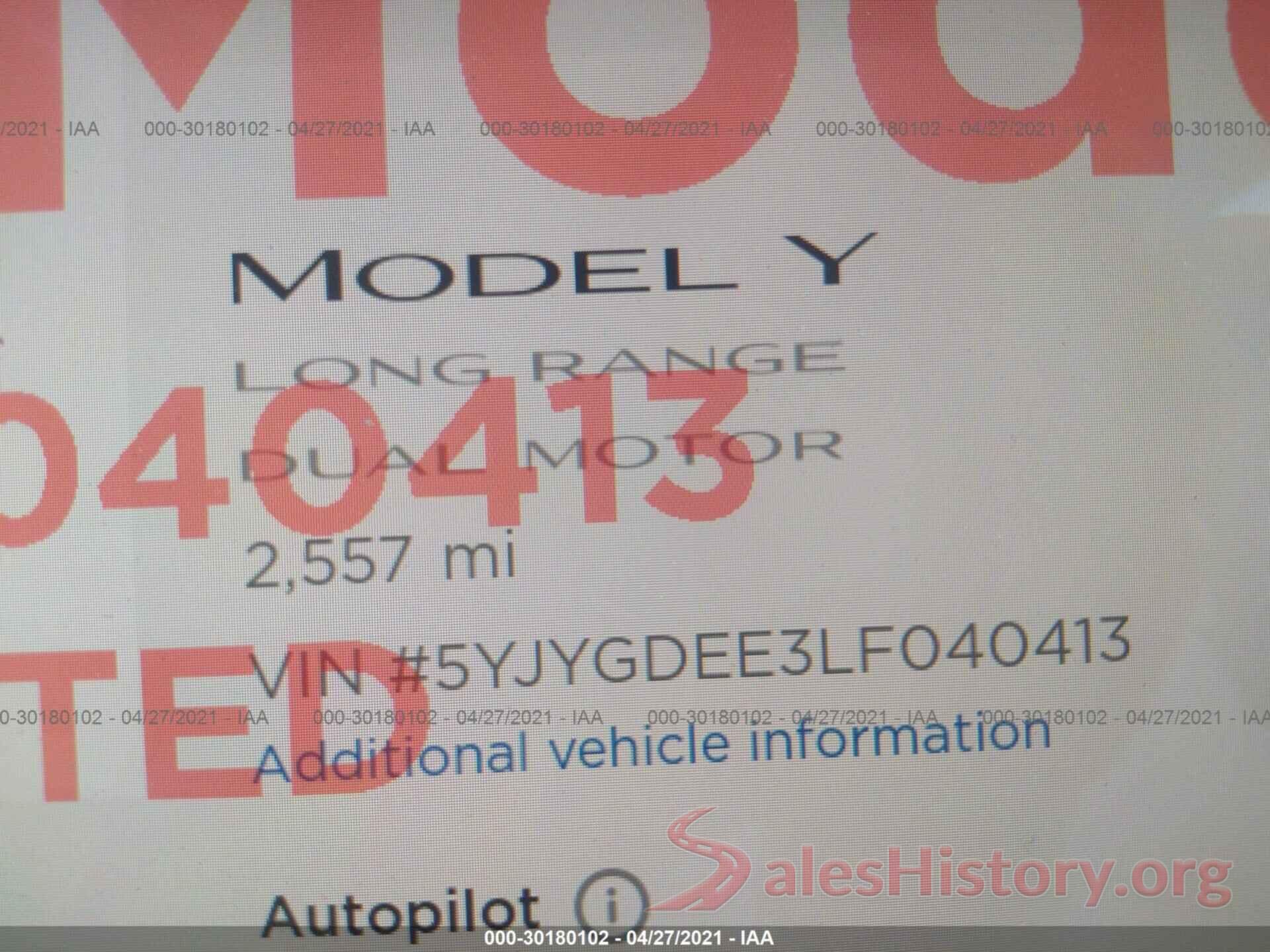 5YJYGDEE3LF040413 2020 TESLA MODEL Y