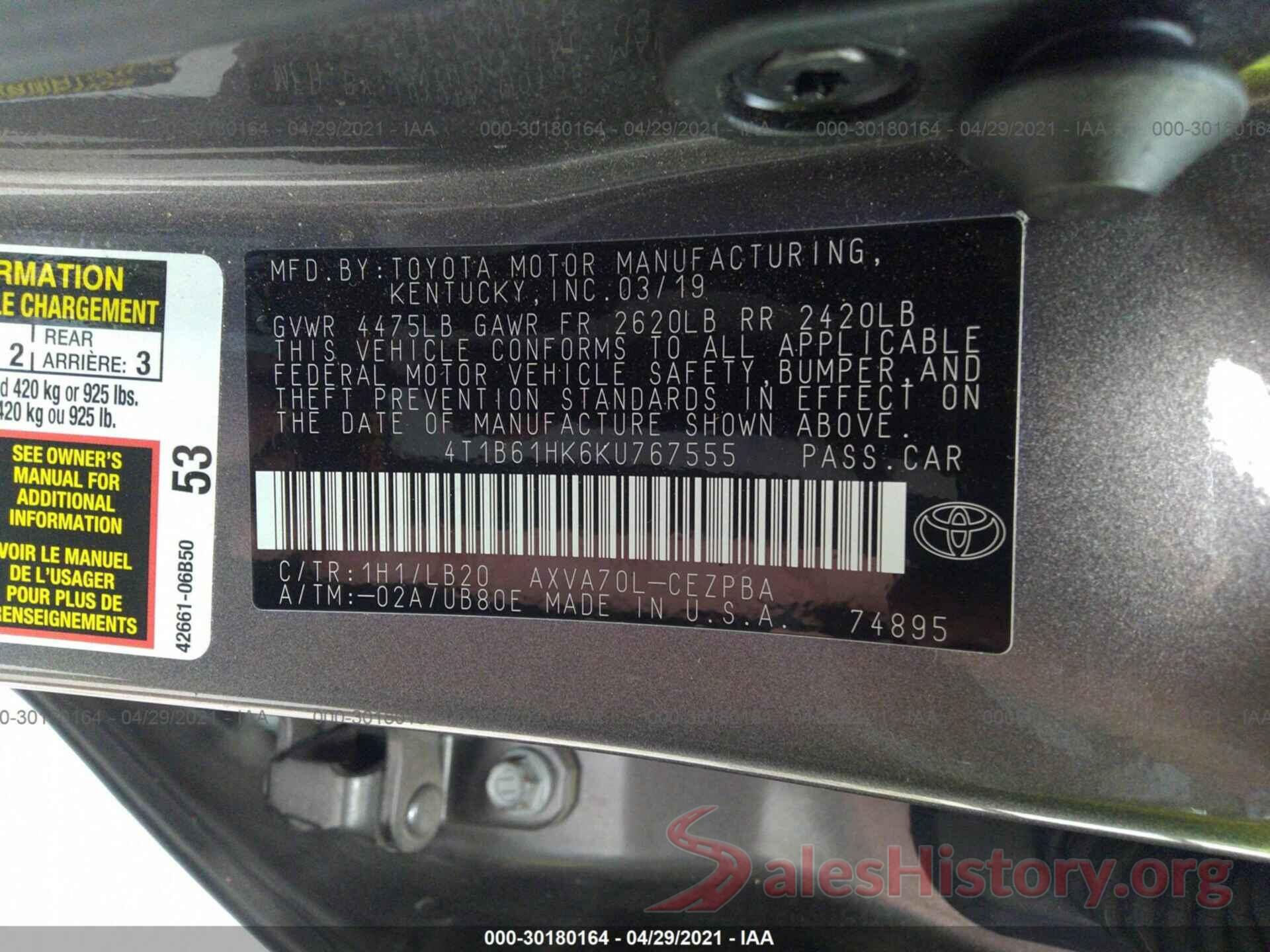 4T1B61HK6KU767555 2019 TOYOTA CAMRY