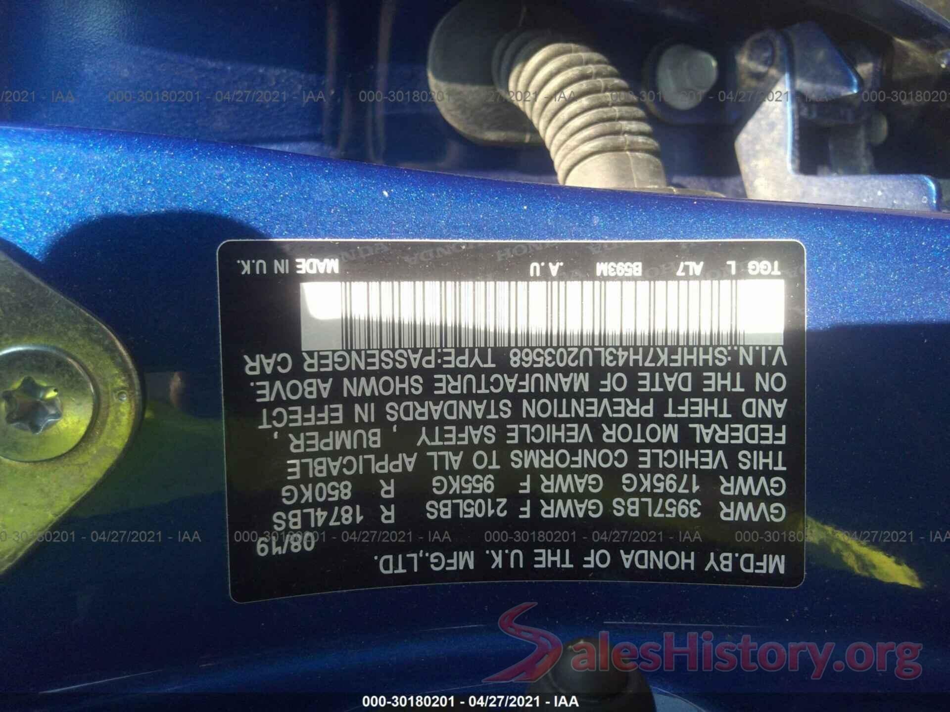 SHHFK7H43LU203568 2020 HONDA CIVIC HATCHBACK