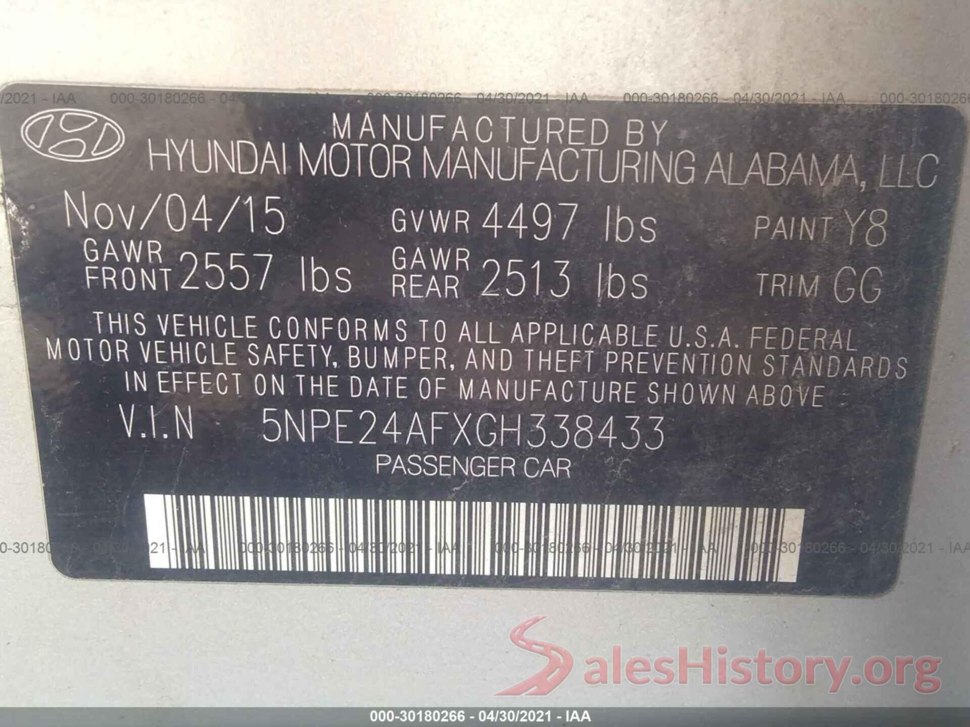 5NPE24AFXGH338433 2016 HYUNDAI SONATA