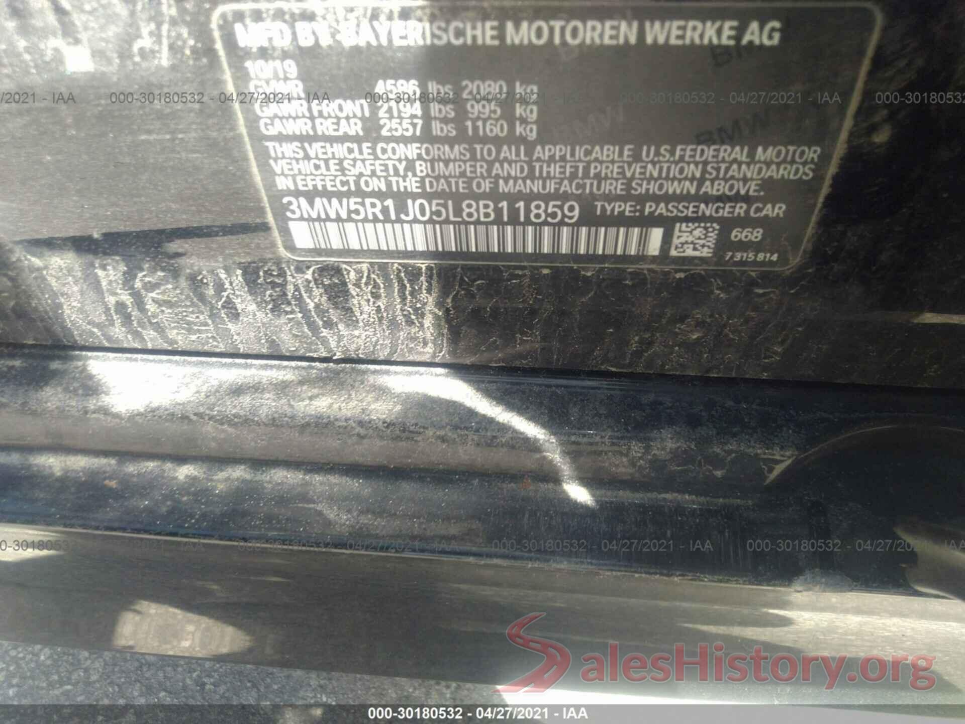 3MW5R1J05L8B11859 2020 BMW 3 SERIES