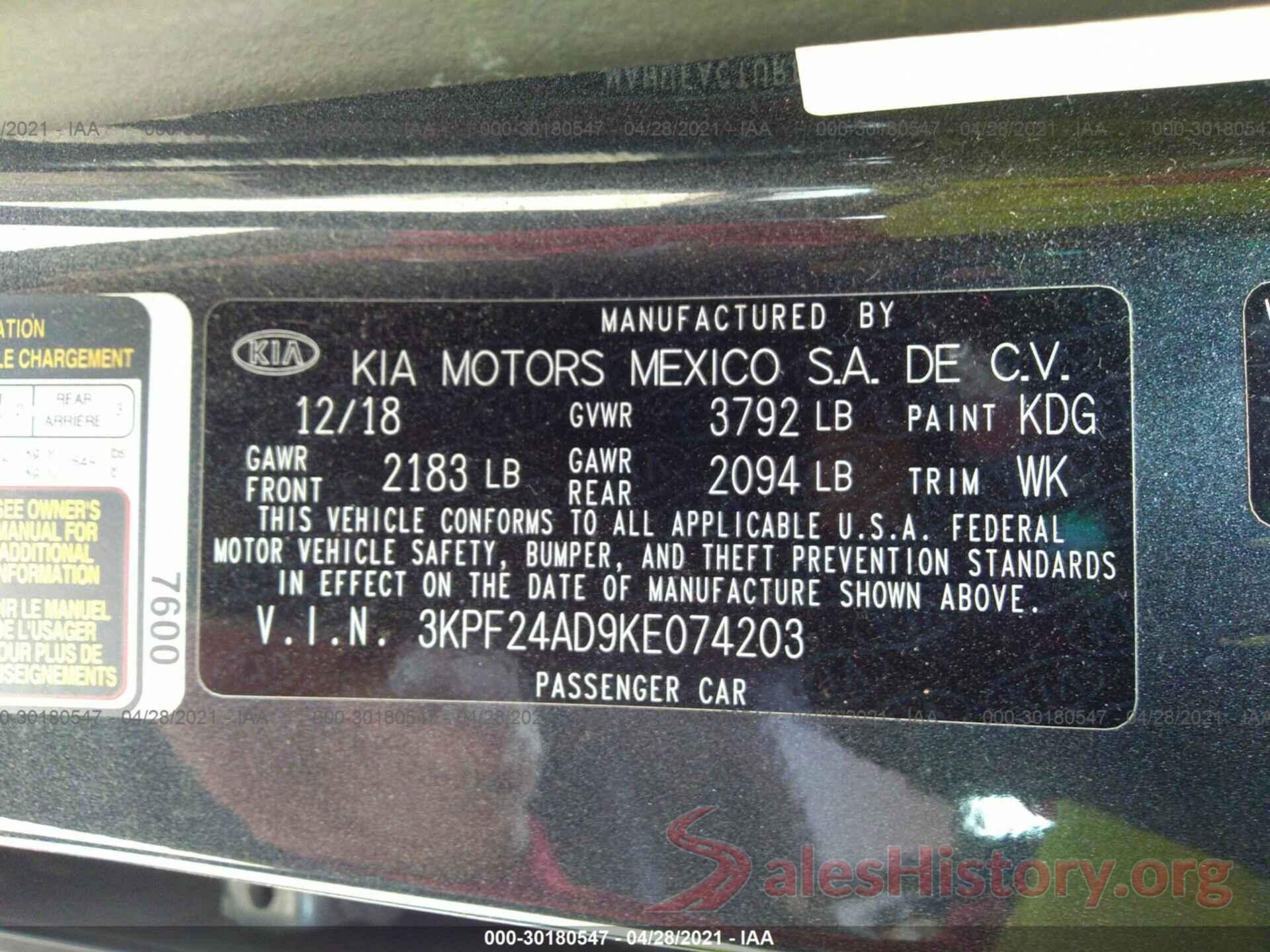 3KPF24AD9KE074203 2019 KIA FORTE