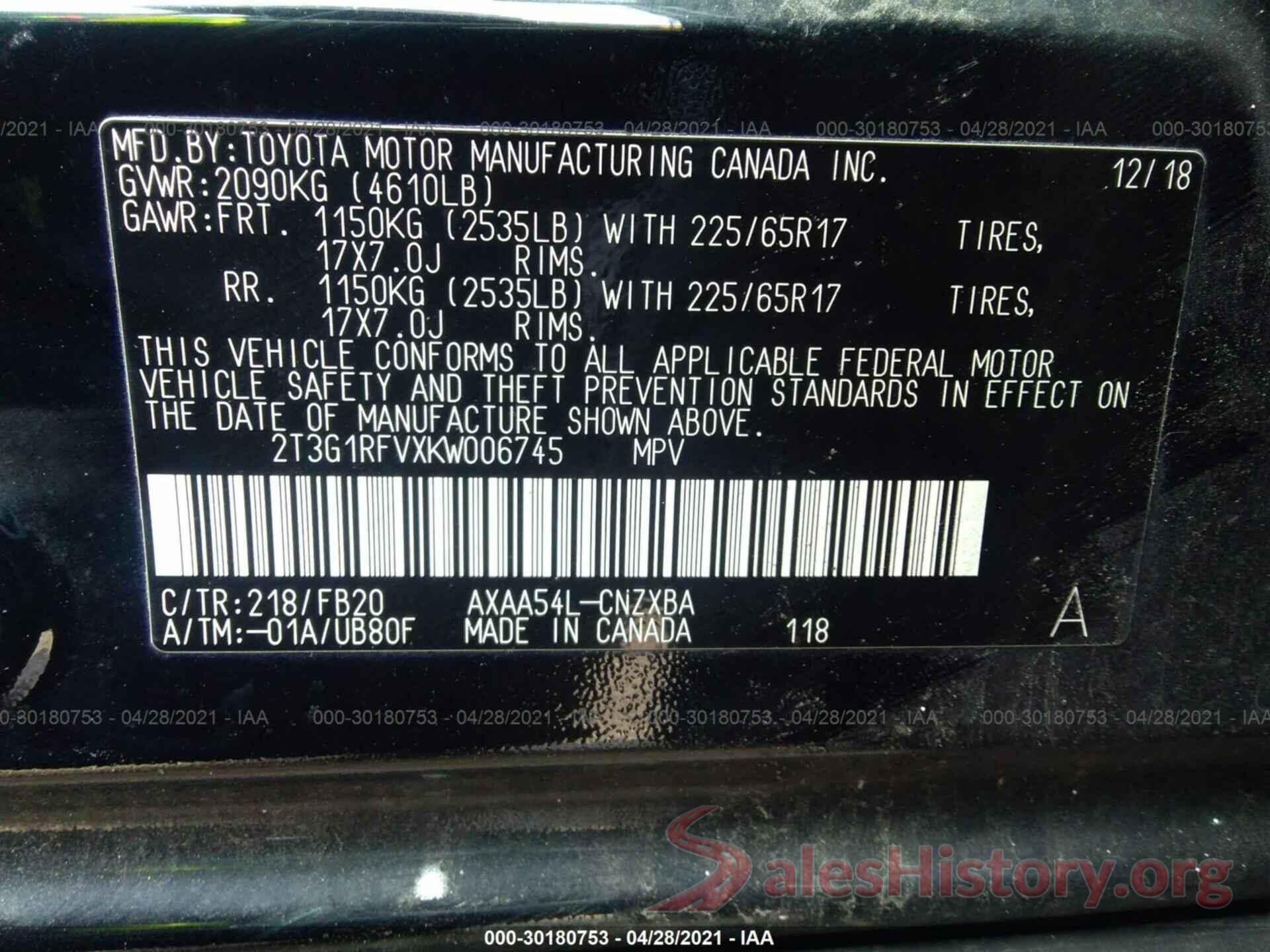 2T3G1RFVXKW006745 2019 TOYOTA RAV4