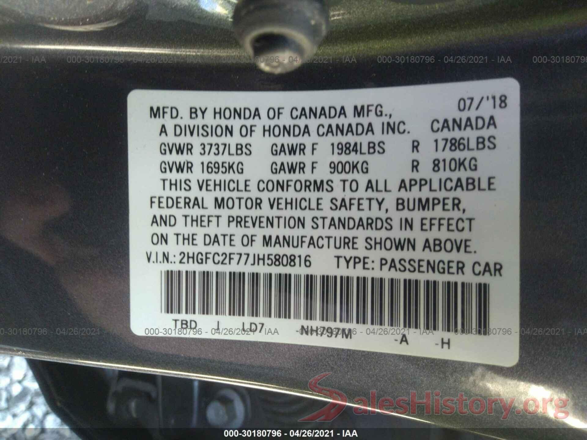 2HGFC2F77JH580816 2018 HONDA CIVIC SEDAN