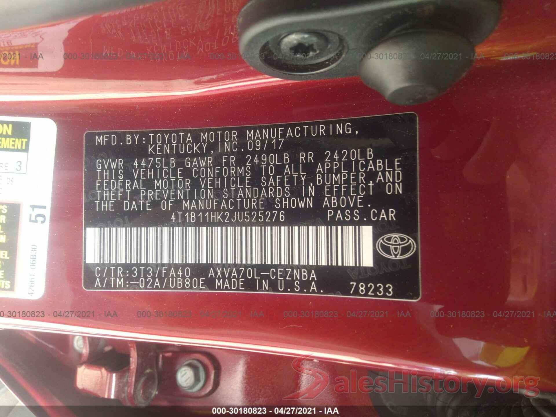 4T1B11HK2JU525276 2018 TOYOTA CAMRY