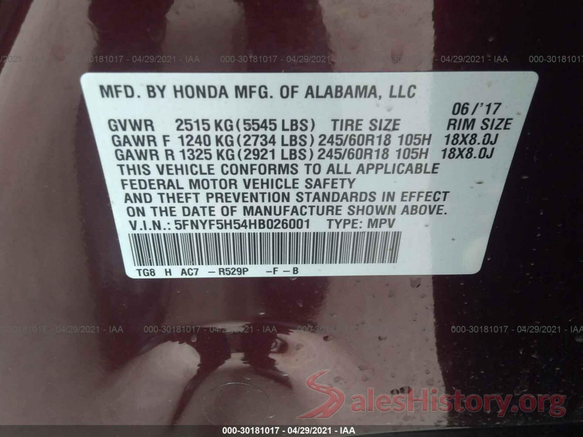 5FNYF5H54HB026001 2017 HONDA PILOT