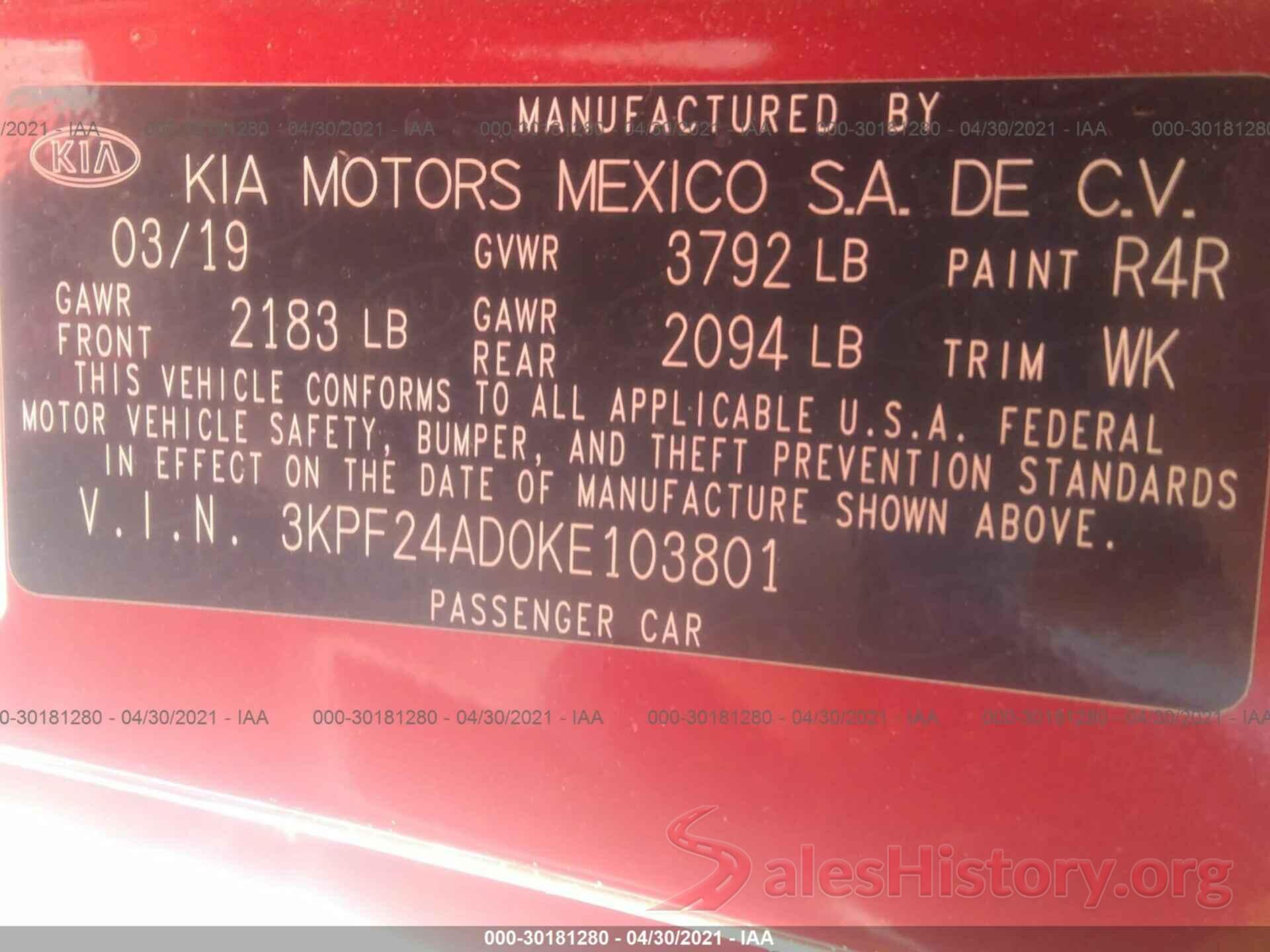 3KPF24AD0KE103801 2019 KIA FORTE