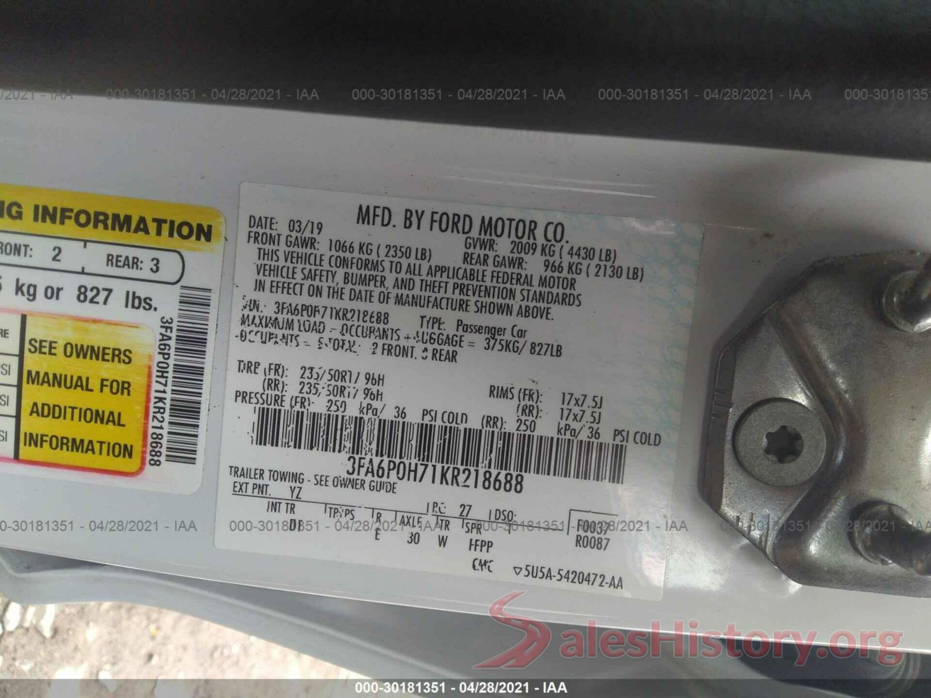 3FA6P0H71KR218688 2019 FORD FUSION