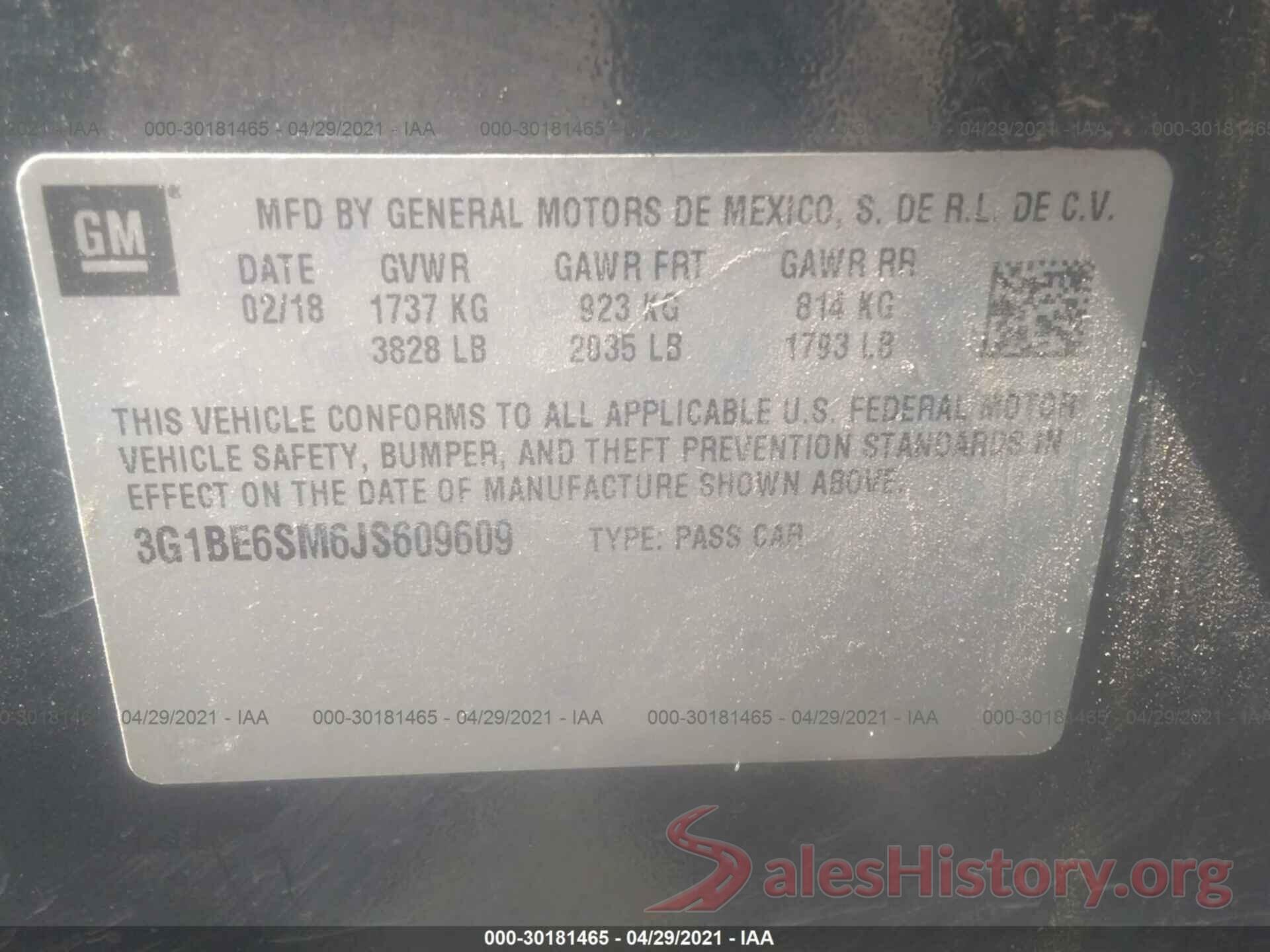 3G1BE6SM6JS609609 2018 CHEVROLET CRUZE