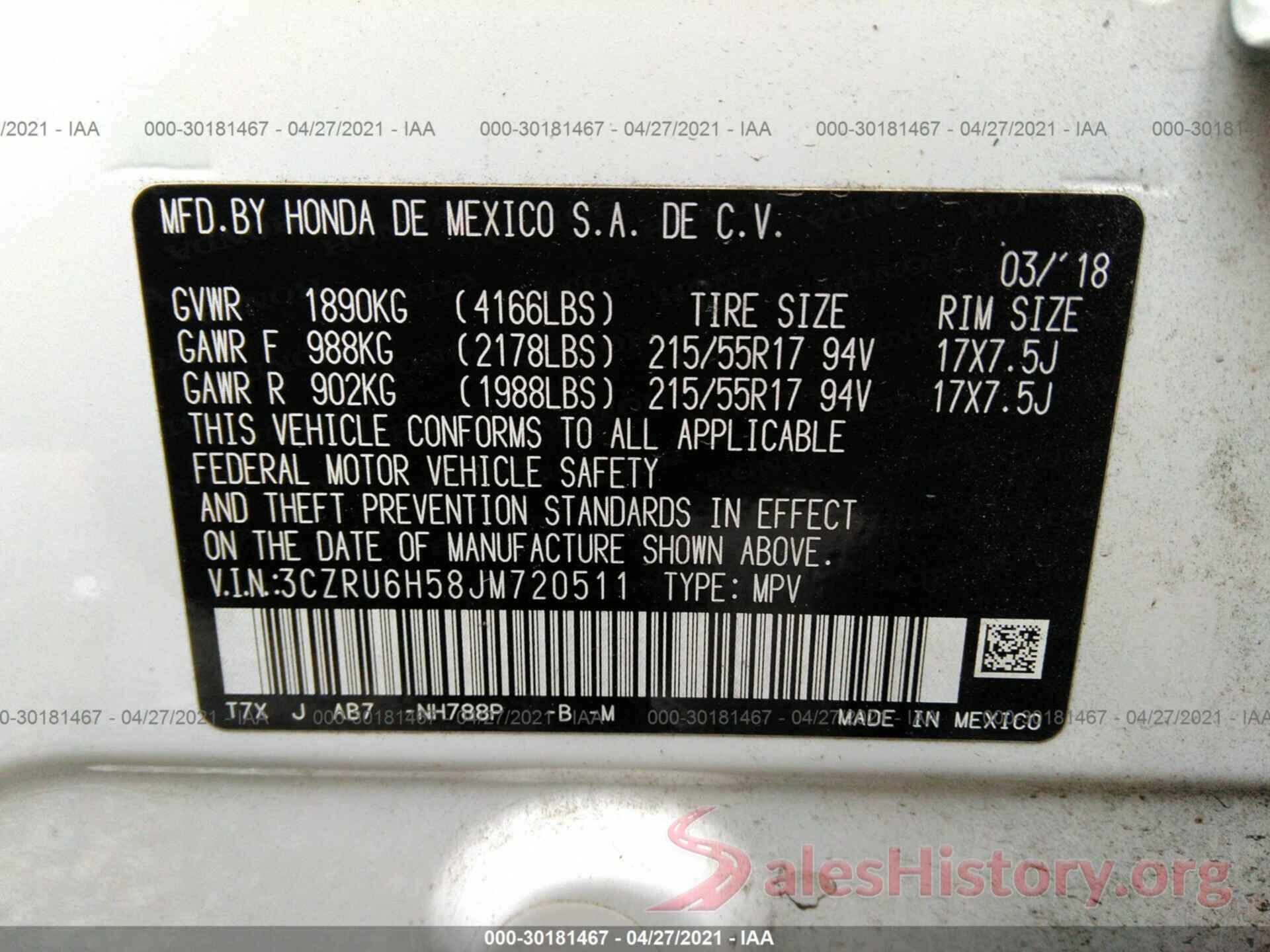 3CZRU6H58JM720511 2018 HONDA HR-V