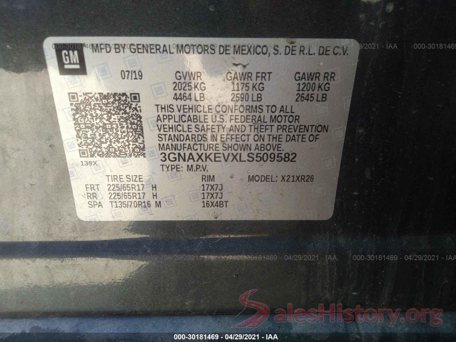 3GNAXKEVXLS509582 2020 CHEVROLET EQUINOX