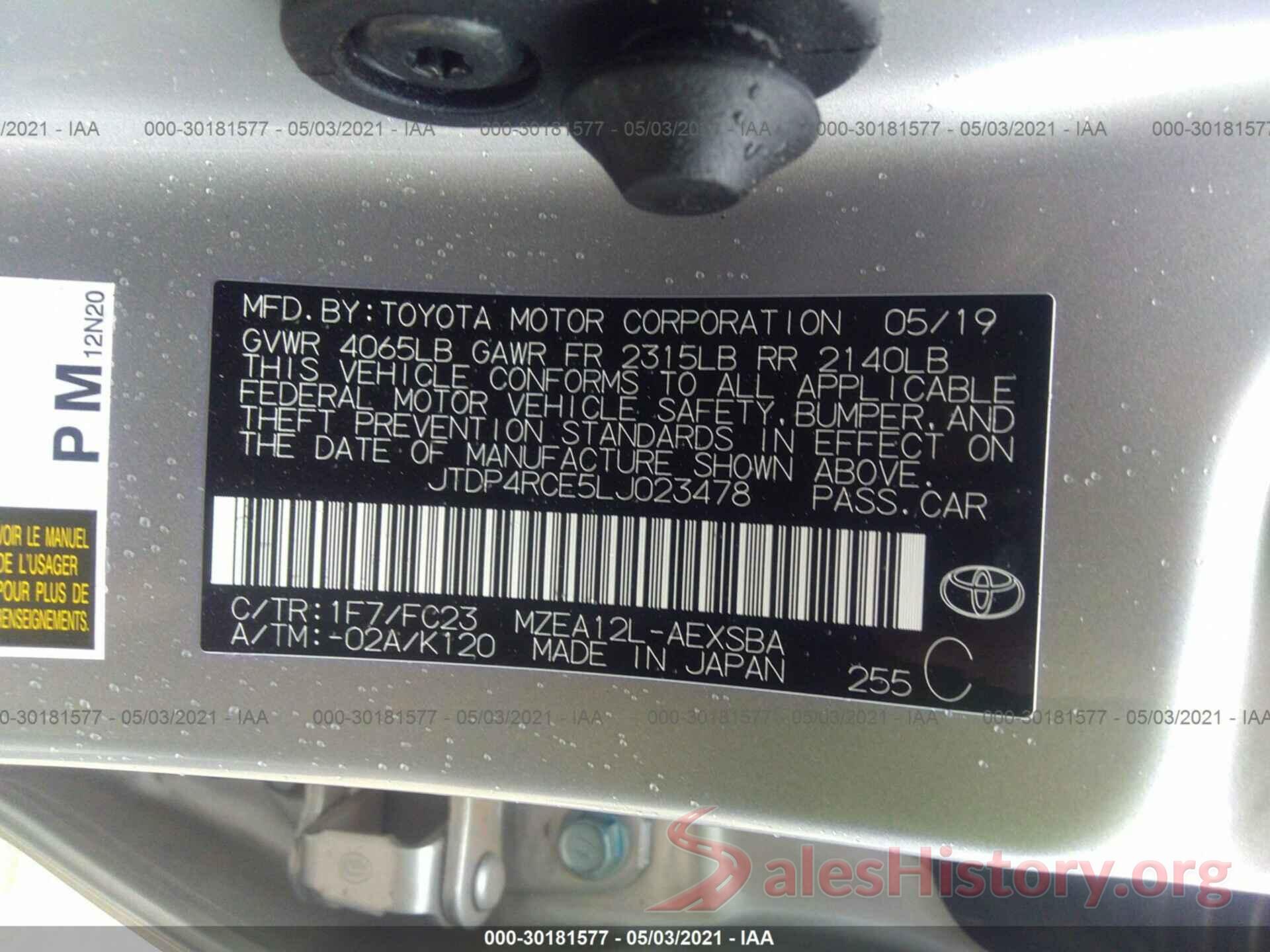 JTDP4RCE5LJ023478 2020 TOYOTA COROLLA