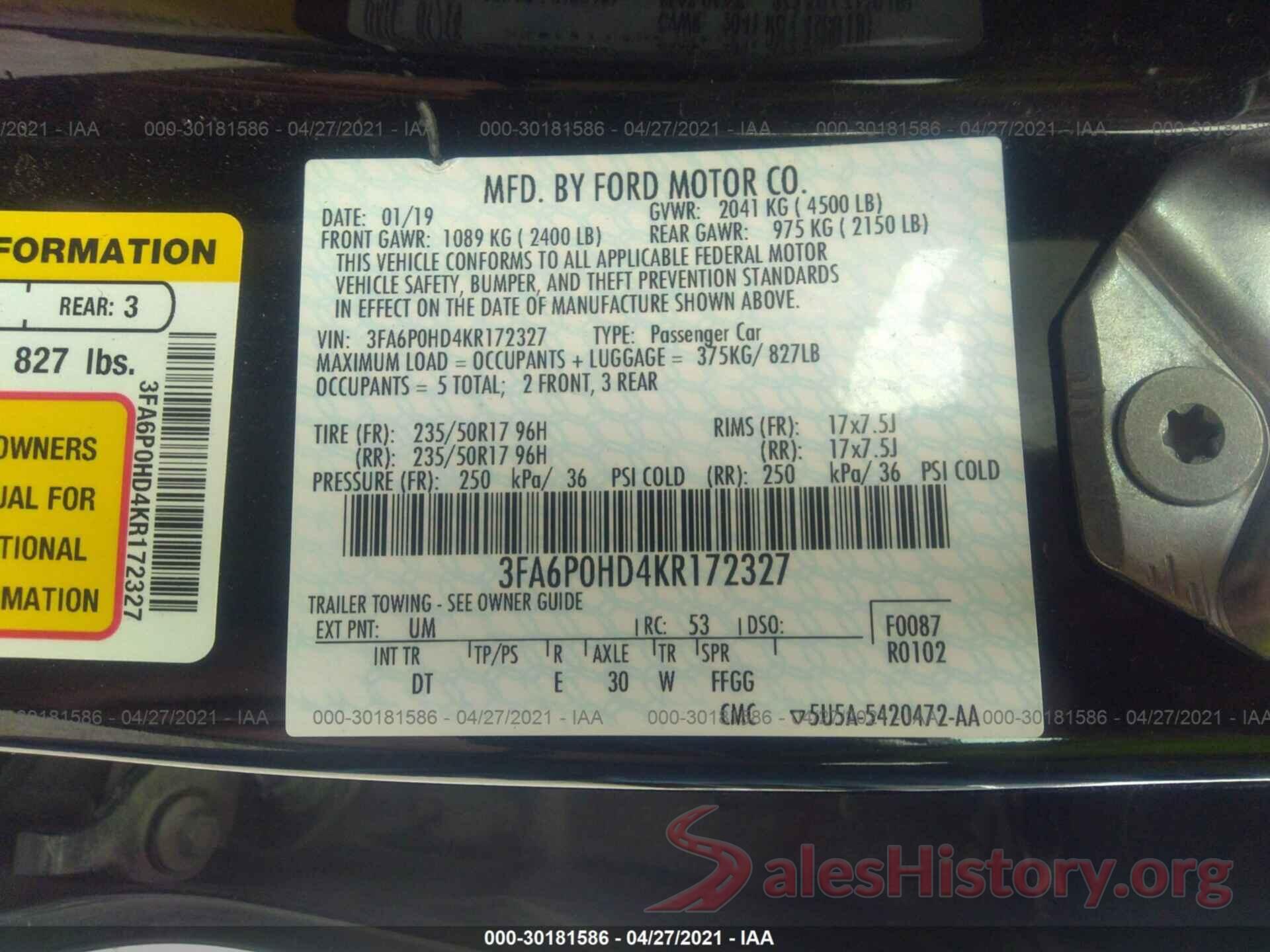 3FA6P0HD4KR172327 2019 FORD FUSION