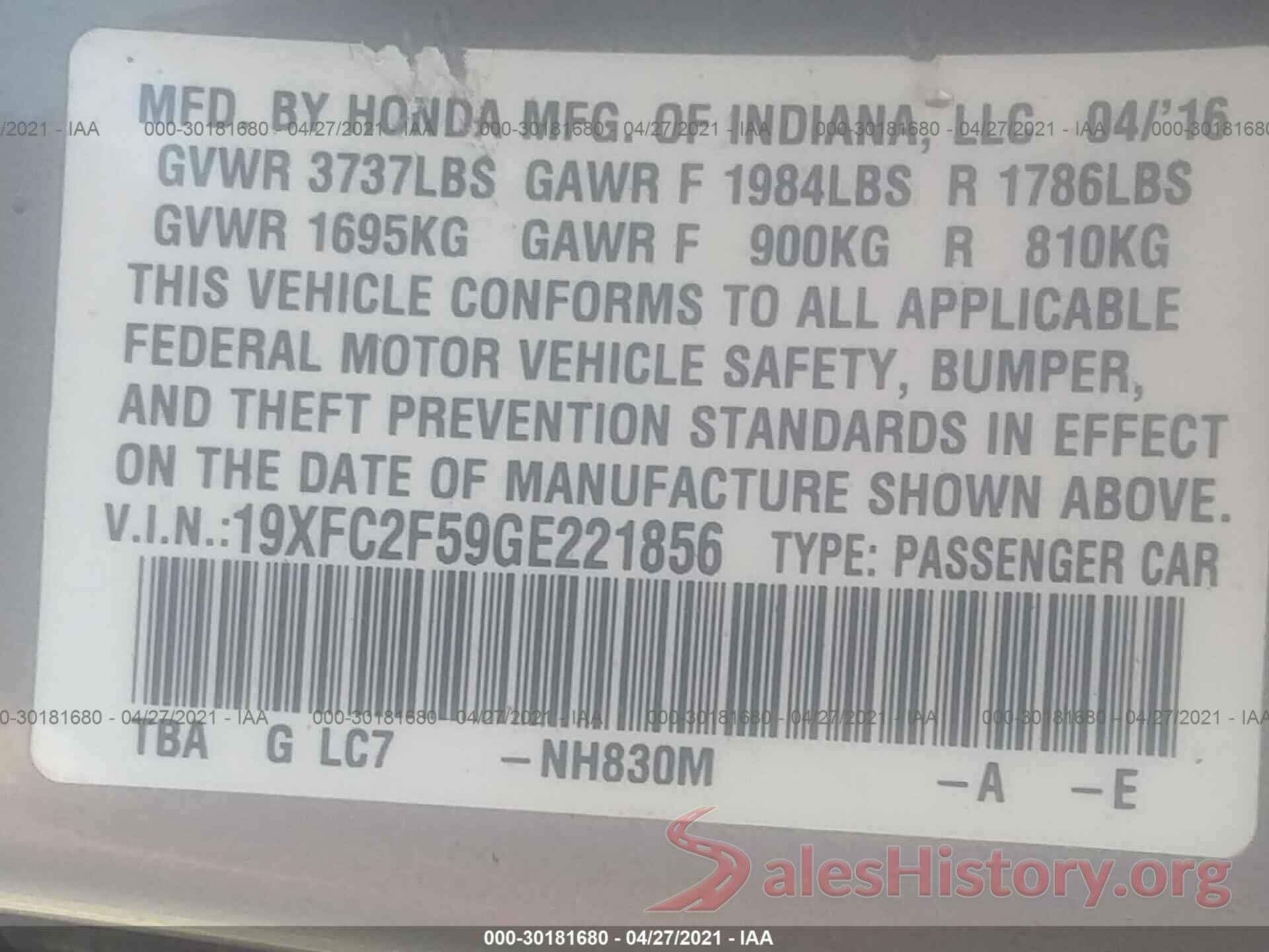 19XFC2F59GE221856 2016 HONDA CIVIC SEDAN