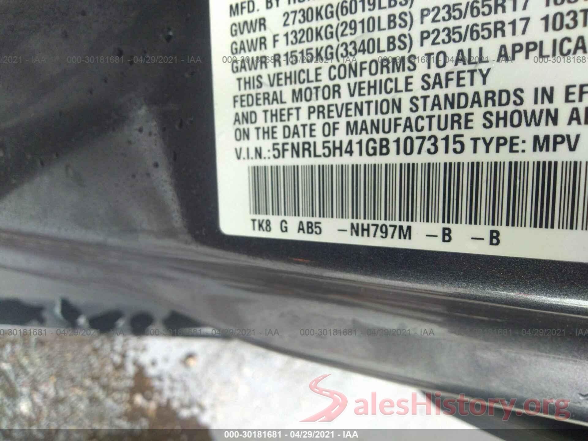 5FNRL5H41GB107315 2016 HONDA ODYSSEY