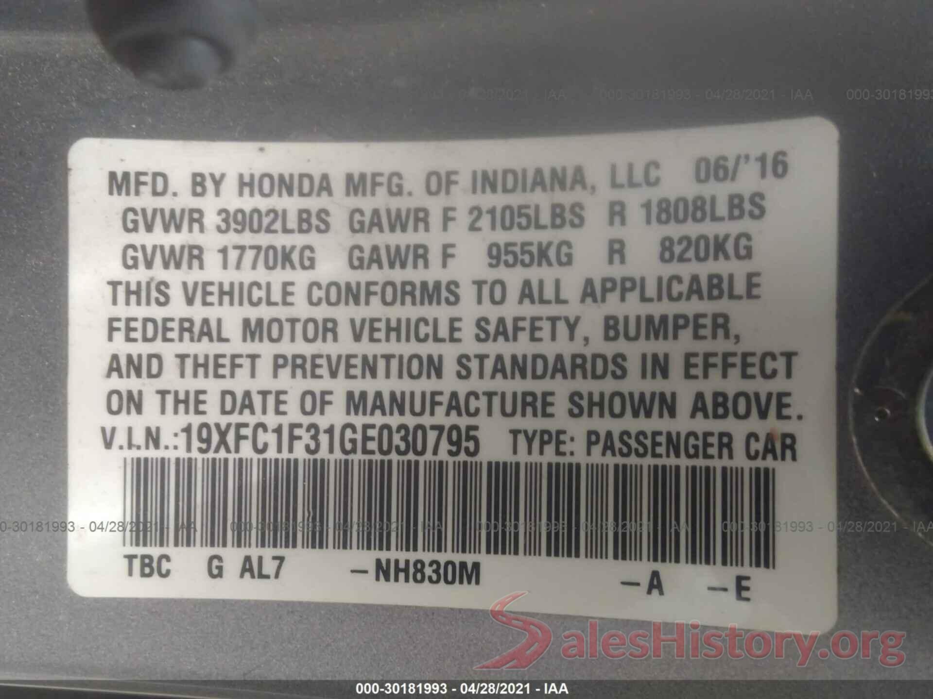 19XFC1F31GE030795 2016 HONDA CIVIC SEDAN