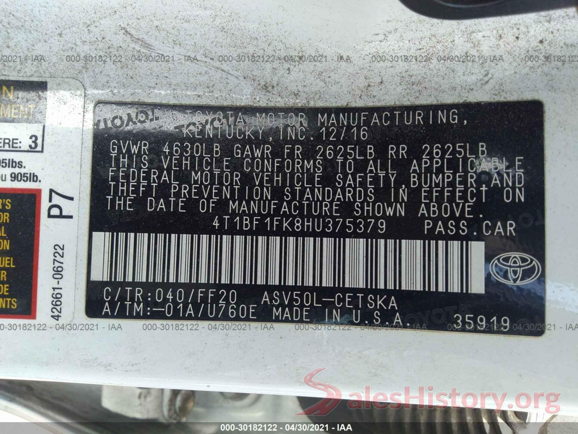 4T1BF1FK8HU375379 2017 TOYOTA CAMRY