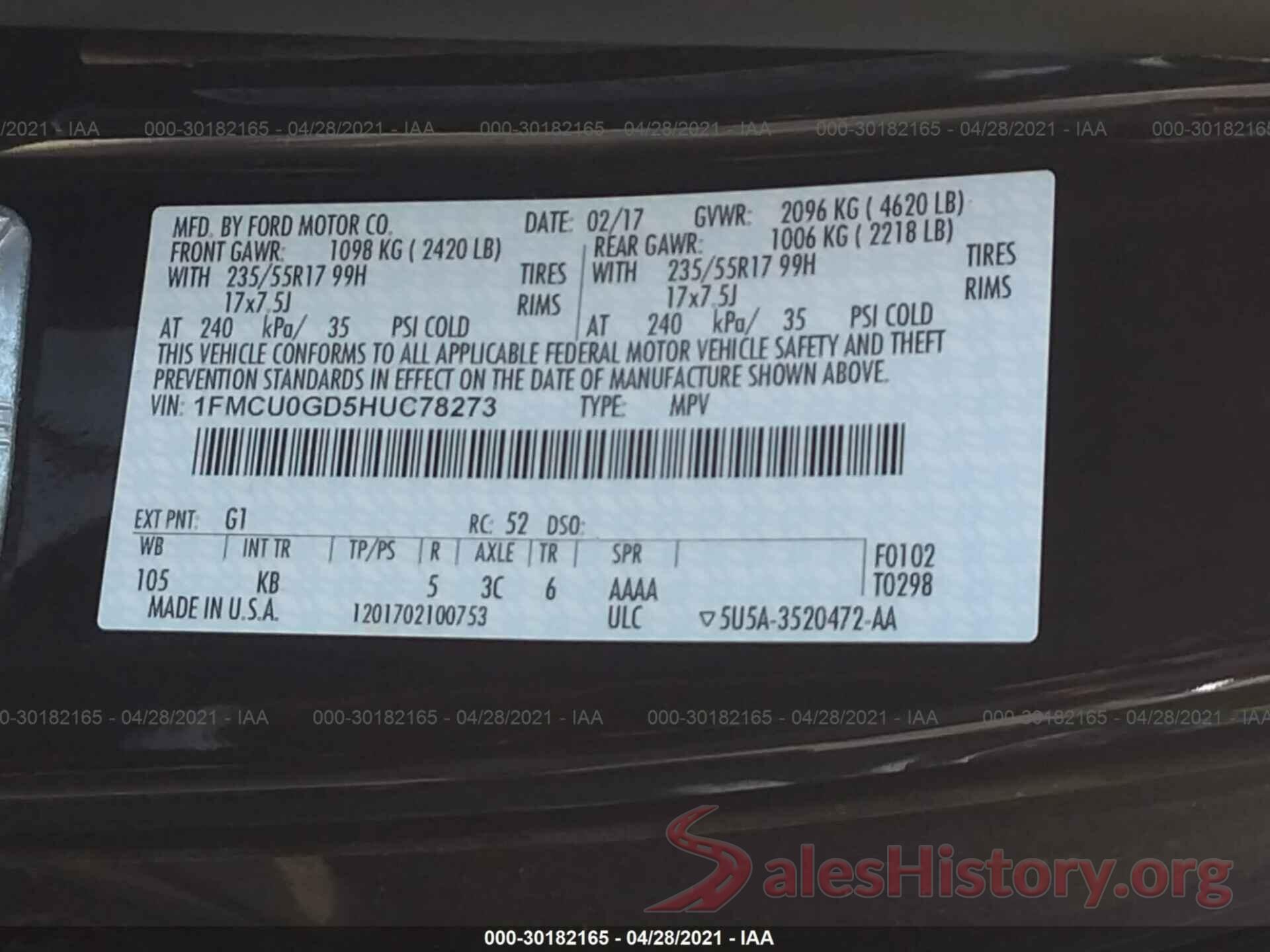 1FMCU0GD5HUC78273 2017 FORD ESCAPE