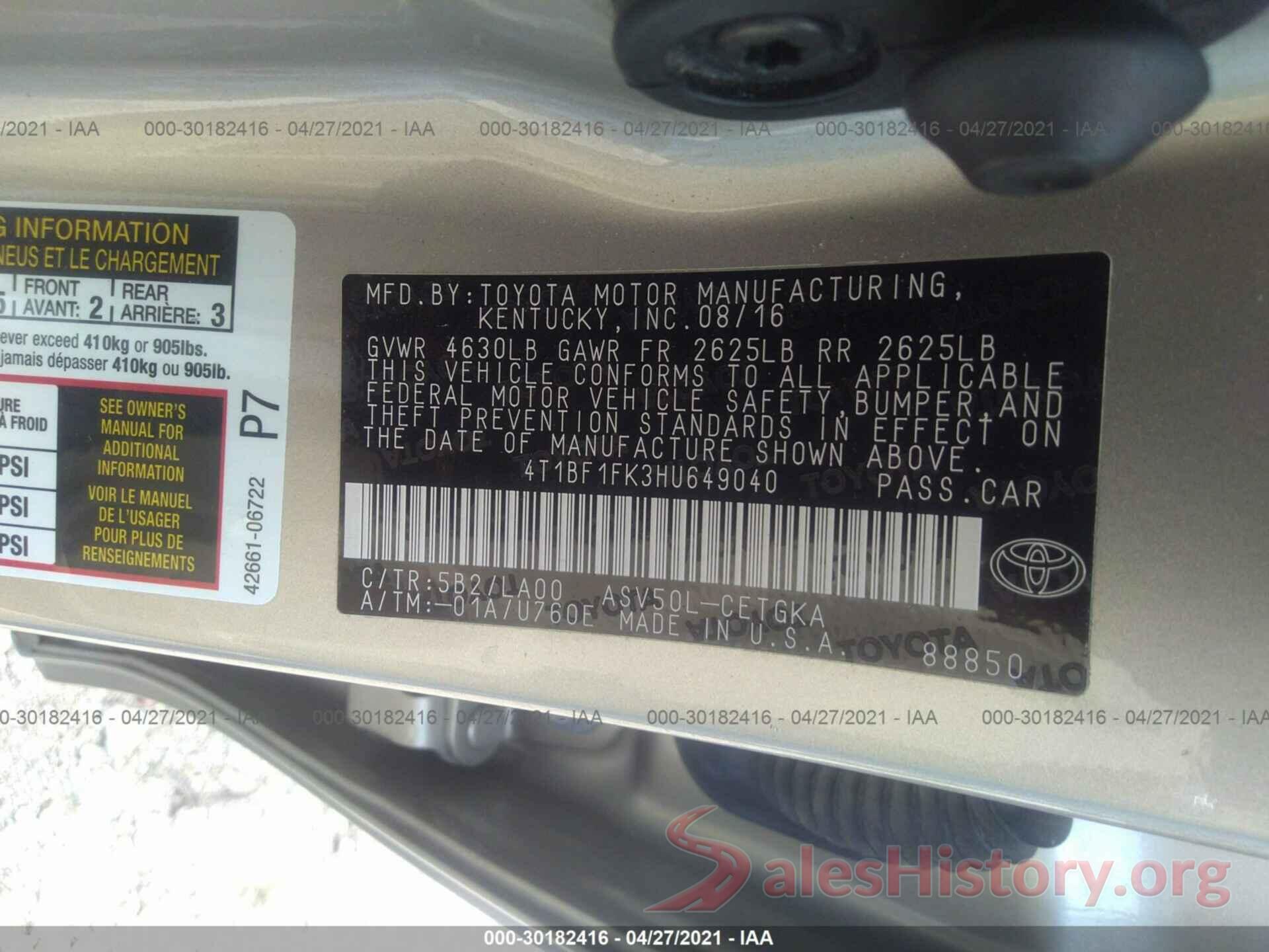 4T1BF1FK3HU649040 2017 TOYOTA CAMRY