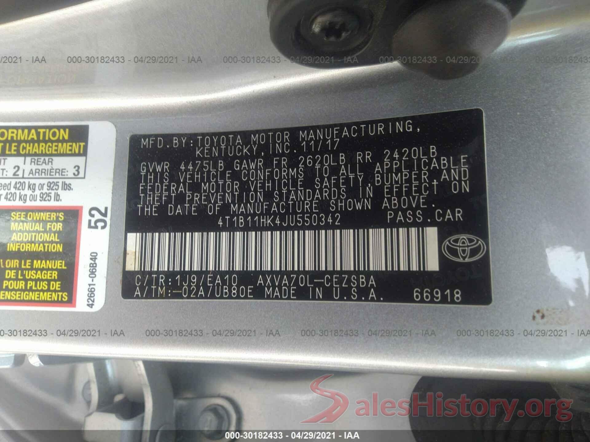 4T1B11HK4JU550342 2018 TOYOTA CAMRY