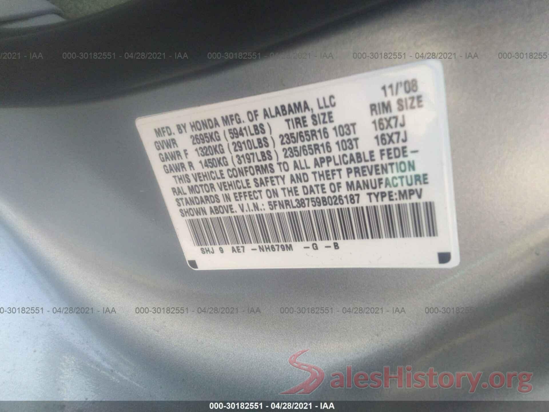 YV4A22PK8G1087892 2009 HONDA ODYSSEY