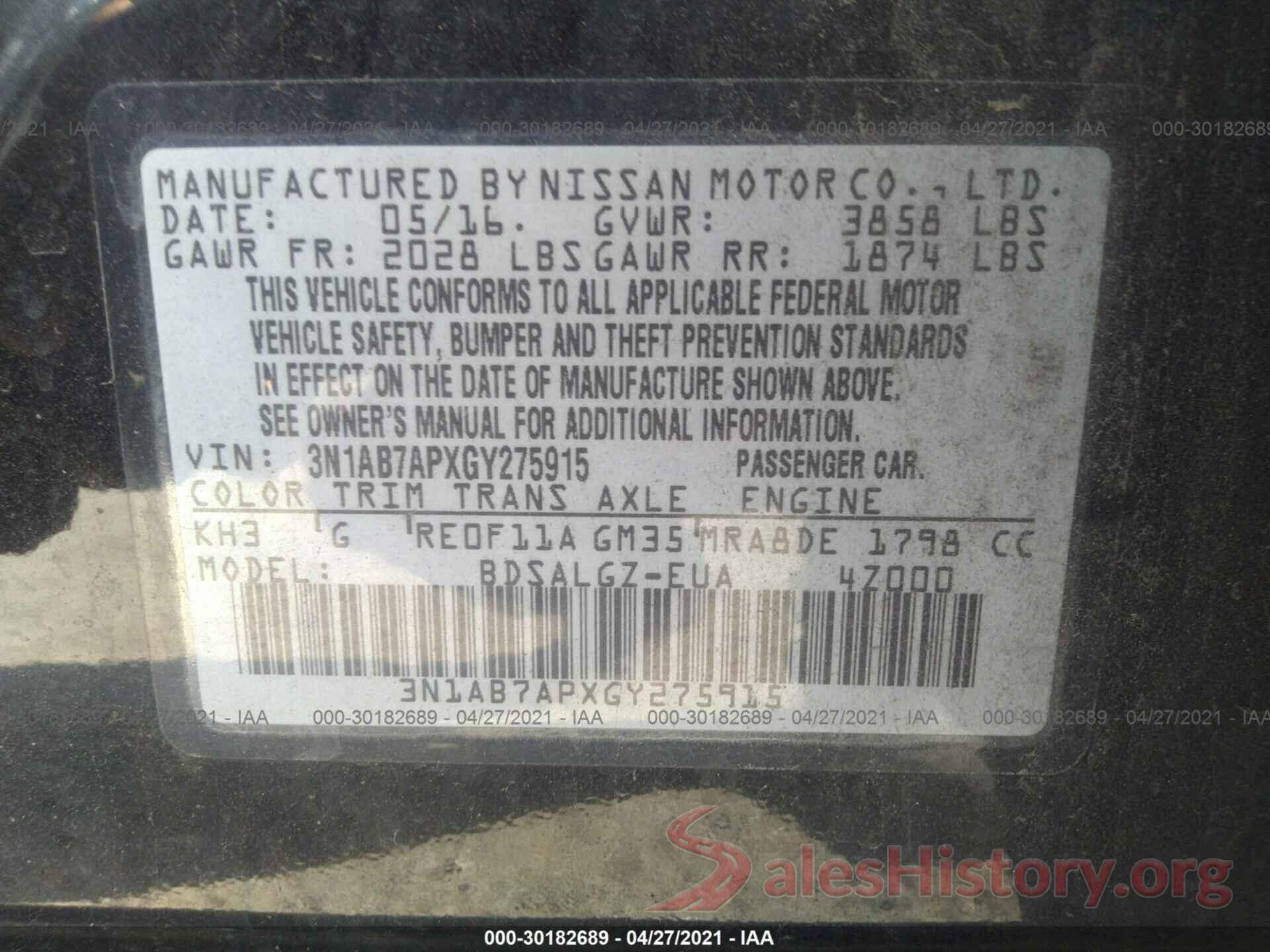 3N1AB7APXGY275915 2016 NISSAN SENTRA