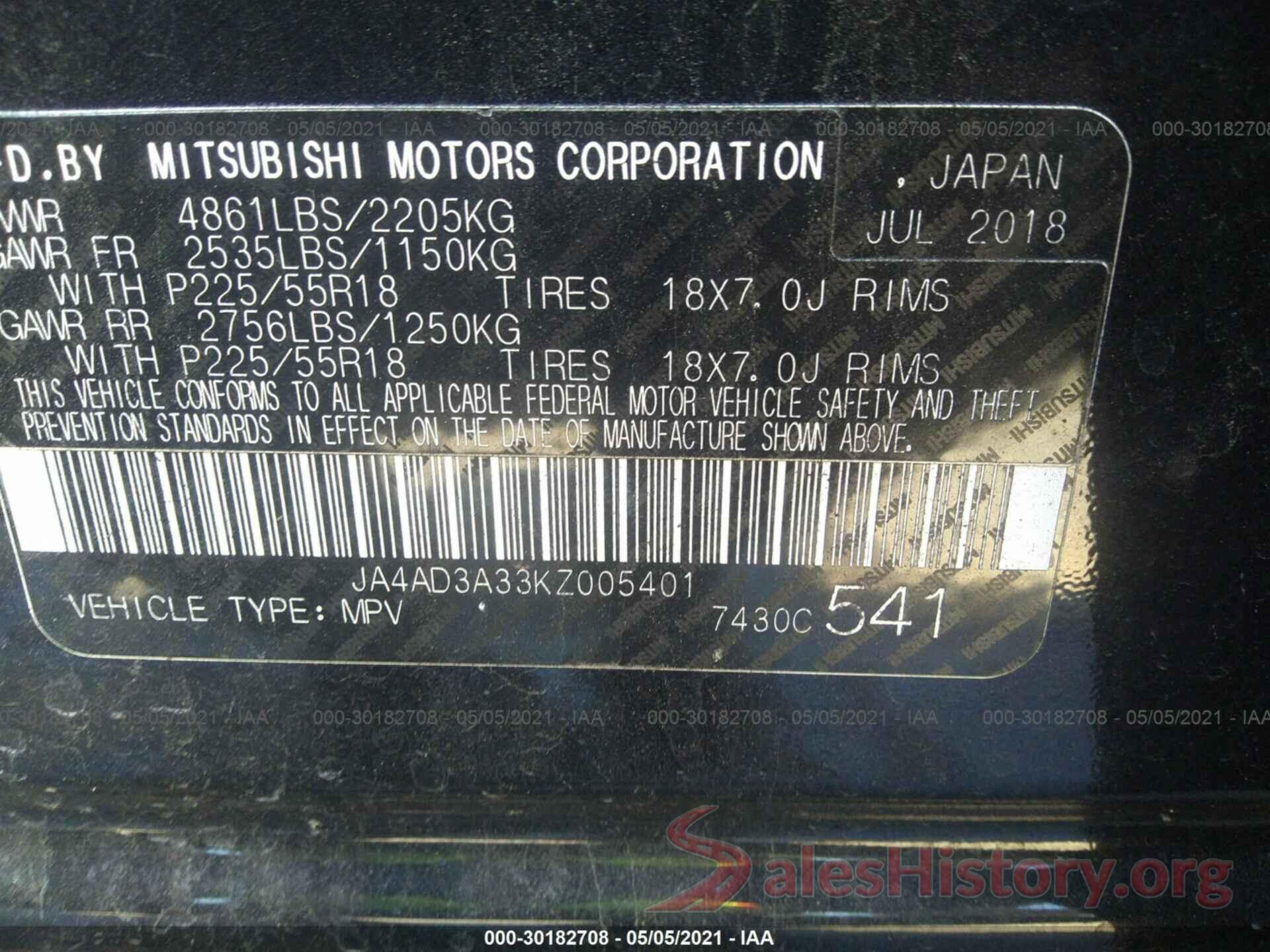 JA4AD3A33KZ005401 2019 MITSUBISHI OUTLANDER