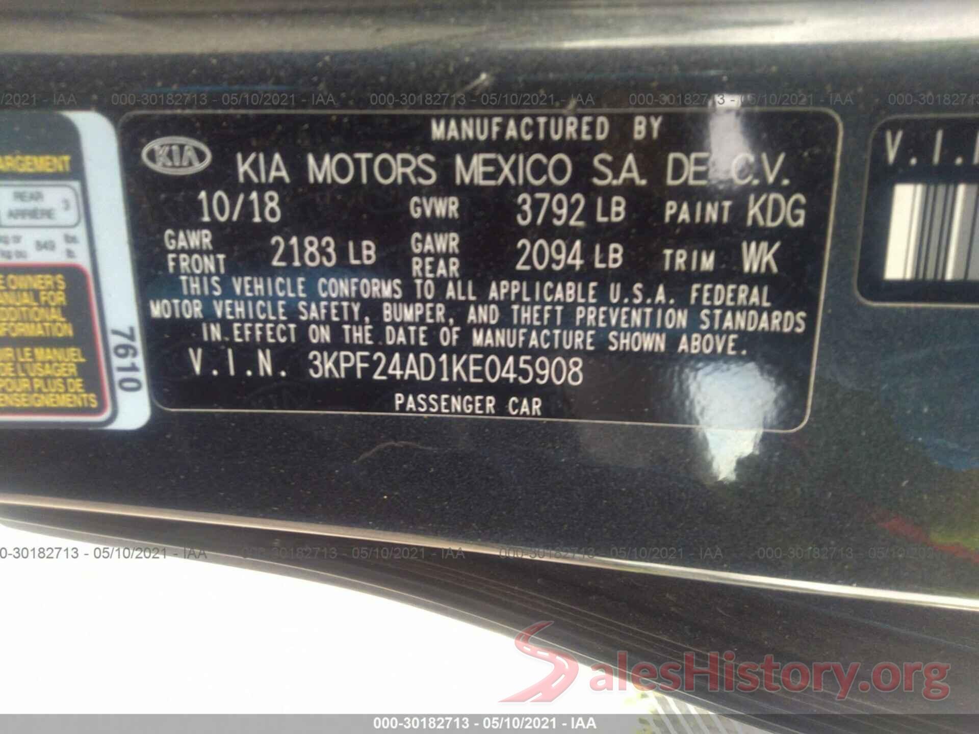 3KPF24AD1KE045908 2019 KIA FORTE