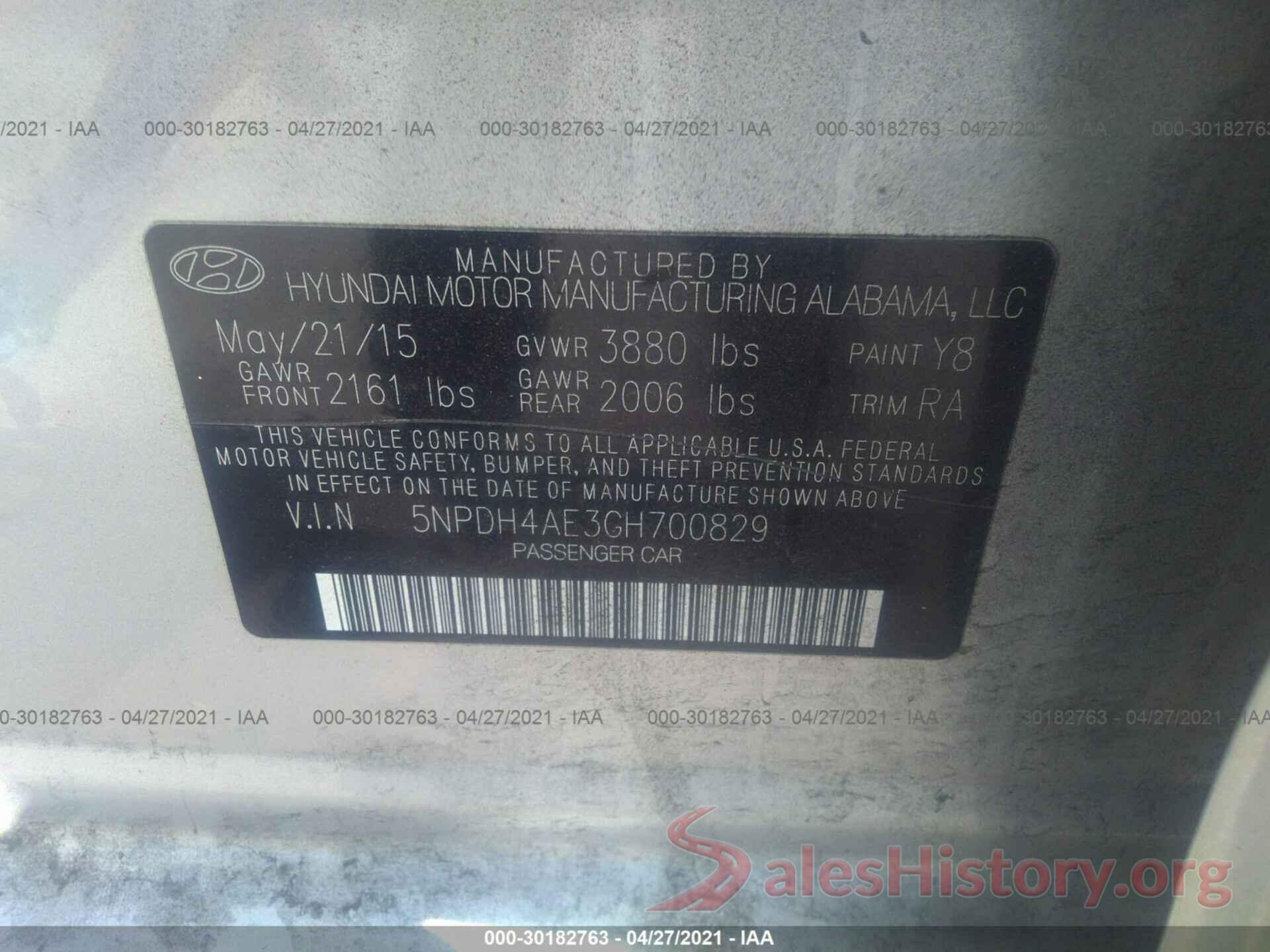 5NPDH4AE3GH700829 2016 HYUNDAI ELANTRA